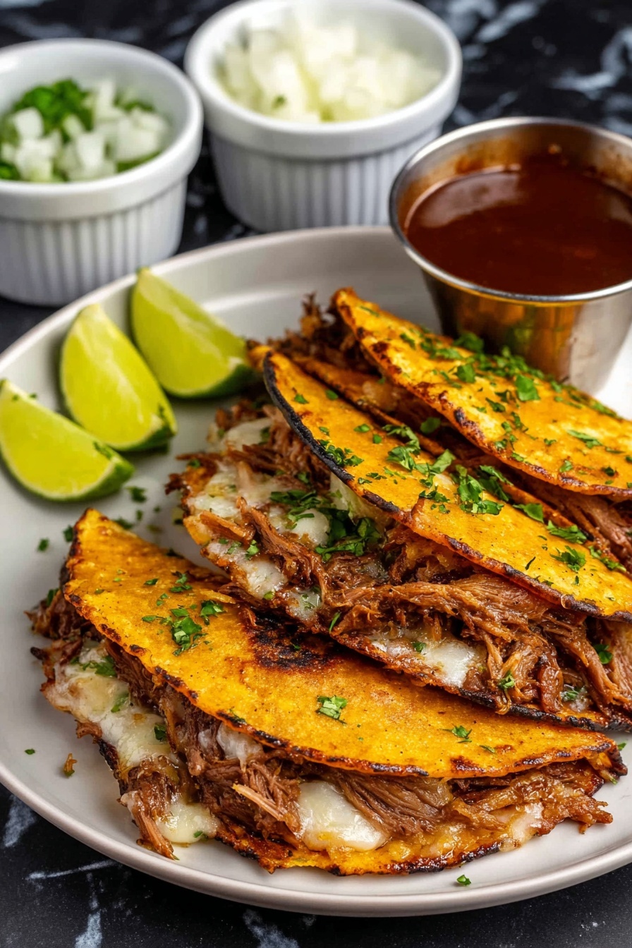 A white plate holds a stack of three golden brown tacos, each taco shell crisp and slightly charred with a rough texture. The tacos are filled with shredded, dark brown meat mixed with melted white cheese, and small pieces of chopped green herbs are sprinkled on top. To the side of the plate are three bright green lime wedges with shiny, juicy surfaces. Behind the plate, there is a small shiny metal cup filled with dark red sauce, and two white ceramic ramekins, one filled with white chopped onions and the other with lime wedges. The whole setup is on a white marbled surface with some scattered green herb leaves around. Photo taken with an iphone --ar 2:3 --v 7