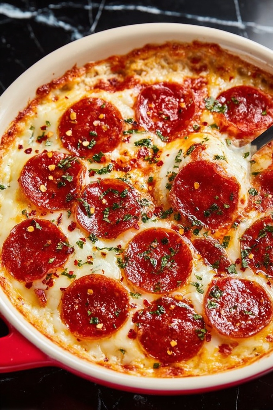 A round white dish filled with a baked pepperoni pizza dip that has three visible layers: the bottom creamy cheese layer with a slightly golden crust around the edges, a middle layer covered completely by melted mozzarella cheese, and the top layer with evenly spaced round pepperoni slices. The pepperoni slices are dark red with a slightly oily texture, sprinkled with chopped green herbs and red pepper flakes. A silver spoon is lifting a scoop showing all layers, with two pepperoni slices resting on the cheese. The whole dish sits on a white marbled surface. Photo taken with an iphone --ar 2:3 --v 7