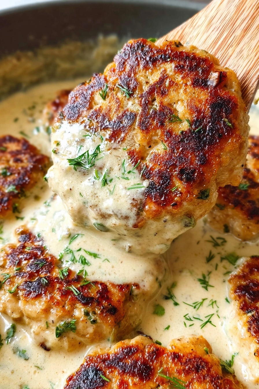 The dish shows a close-up of several thick, golden-brown patties with dark caramelized spots, floating in a creamy pale sauce with specks of green herbs scattered on top. One patty is held above the others by a metal spatula, showing a crispy, slightly charred surface flecked with fresh green herbs. The creamy sauce is smooth and coats the patties evenly, pooling beneath them in a shallow skillet. The background is a white marbled texture. photo taken with an iphone --ar 2:3 --v 7