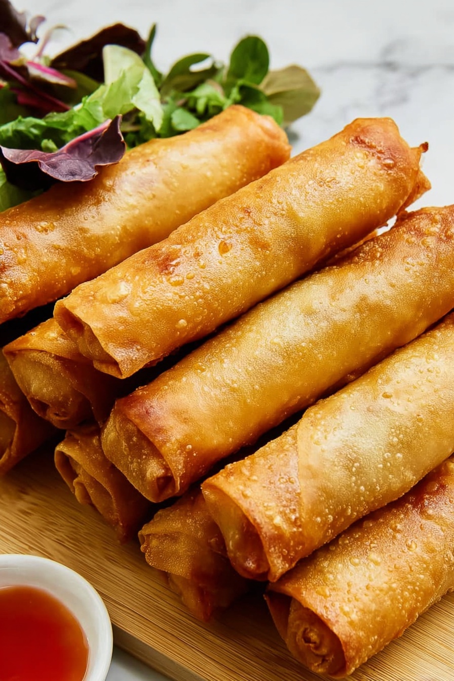 The image shows a stack of seven golden-brown spring rolls neatly arranged in two rows on a light wooden board. The spring rolls have a crispy texture with small bubbles and slight wrinkle patterns on their surface, indicating they are freshly fried. To the left of the spring rolls, there is a small bunch of mixed green leaves adding a fresh contrast with their dark and light green color. In the bottom corner, there is a white bowl with a reddish dipping sauce inside it. The background is a white marbled surface, enhancing the warm colors of the food. photo taken with an iphone --ar 2:3 --v 7
