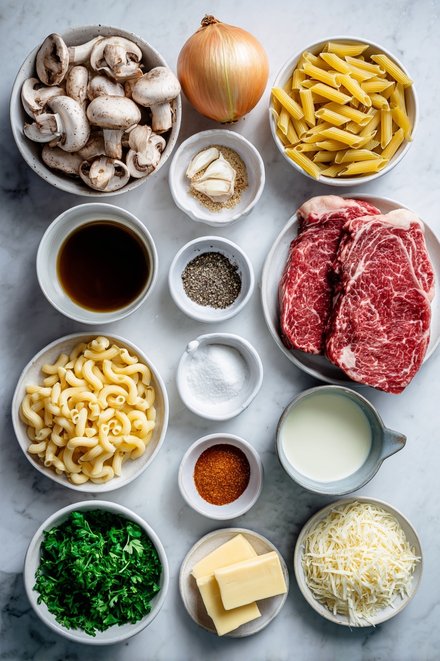 Flat lay of a thinly sliced raw ribeye steak arranged neatly, a cluster of fresh baby bella mushrooms sliced in half, a medium yellow onion whole and diced in a small white ceramic bowl, a medium green bell pepper whole and also diced in a small white bowl, four uncracked brown garlic cloves, a small white bowl with a reddish-brown Worcestershire sauce, a small white bowl containing smoked paprika powder, a small white bowl with onion powder, a small white bowl with garlic powder, a small white bowl of fine salt, a small white bowl of black peppercorns, a small white bowl filled with rich beef broth, a small white bowl with thick heavy cream, a nest of uncooked cavatappi pasta spirals, several slices of pale yellow provolone cheese stacked neatly with a portion chopped finely in a small white bowl, a small pile of shredded white mozzarella cheese, two small cubes of golden unsalted butter, and a small white bowl of finely chopped fresh green parsley, all ingredients look fresh and natural, arranged symmetrically in simple white ceramic bowls and plates, placed on a clean white marble surface, soft natural light, photo taken with an iPhone, professional food photography style, fresh ingredients, white ceramic bowls, no bottles, no duplicates, no utensils, no packaging --ar 2:3 --v 7 --p m7354615311229779997