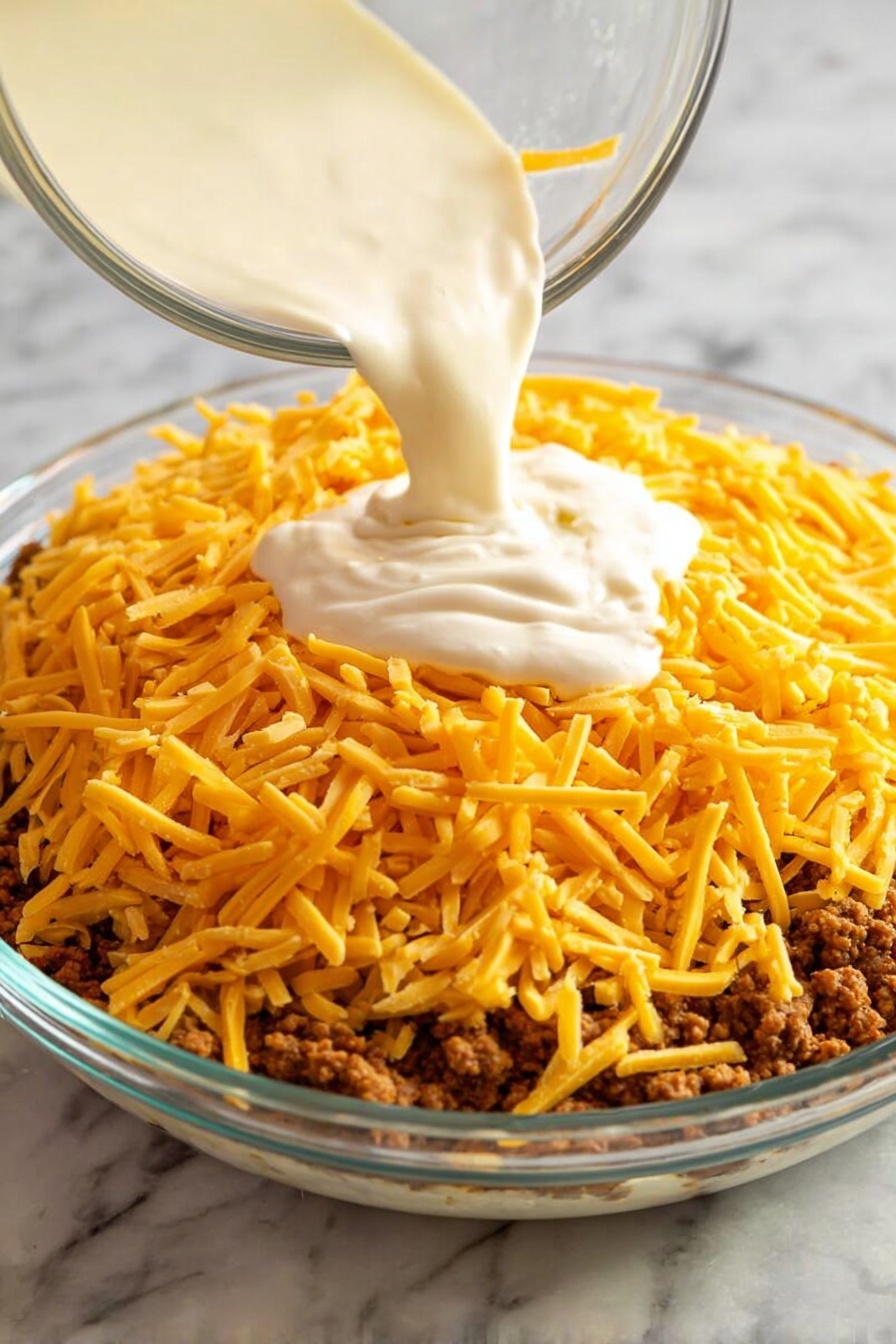 A white plate with a slice of layered dish showing three main layers: a bottom dark brown minced meat layer with a chunky texture, a middle pale yellow creamy layer which looks smooth and thick, and a top golden-yellow melted cheese layer drizzled with red sauce in thin lines. A silver fork held by a woman's hand is lifting a bite from the slice. Next to the slice, there are two green pickle slices with a glossy texture. The background is a white marbled surface with a blurred dish in the back. photo taken with an iphone --ar 2:3 --v 7