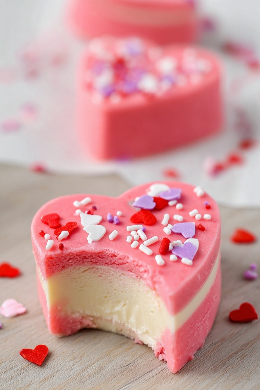 The image shows a close-up of a heart-shaped treat with two distinct layers; the top layer is bright pink and the bottom layer is creamy white. The pink layer is decorated with small heart-shaped sprinkles in white, red, and purple colors scattered on top. A bite was taken out of the front side, revealing the creamy white middle layer between the pink layers. In the background, there are two more similar heart-shaped treats, slightly out of focus, resting on a white marbled surface. Some extra heart-shaped sprinkles are scattered around the main treat. photo taken with an iphone --ar 2:3 --v 7