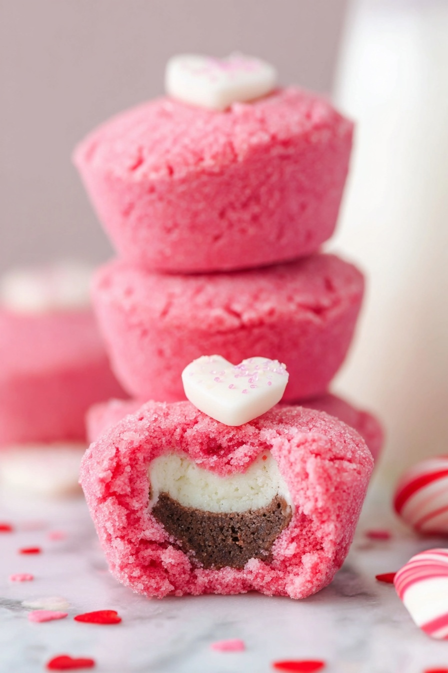 The images show bright pink dough in different stages of shaping and baking, all set on a white marbled surface. In the first image, the shredded pink dough with a crumbly texture rests inside a white bowl. The second image shows a woman's hand holding a flat pink dough circle with a small round candy that has white and brown stripes placed in the center. The third image zooms in on the woman's hand gently wrapping the candy inside the pink dough. In the fourth image, the woman holds a smooth pink dough ball, fully covering the candy inside. The fifth image shows a dark muffin pan filled with many smooth pink dough balls neatly placed in each cup. The sixth image displays the muffin pan again, this time holding round, slightly cracked pink baked cookies, some topped with small red candies and white heart-shaped sprinkles, all sitting on the white marbled surface photo taken with an iphone --ar 2:3 --v 7