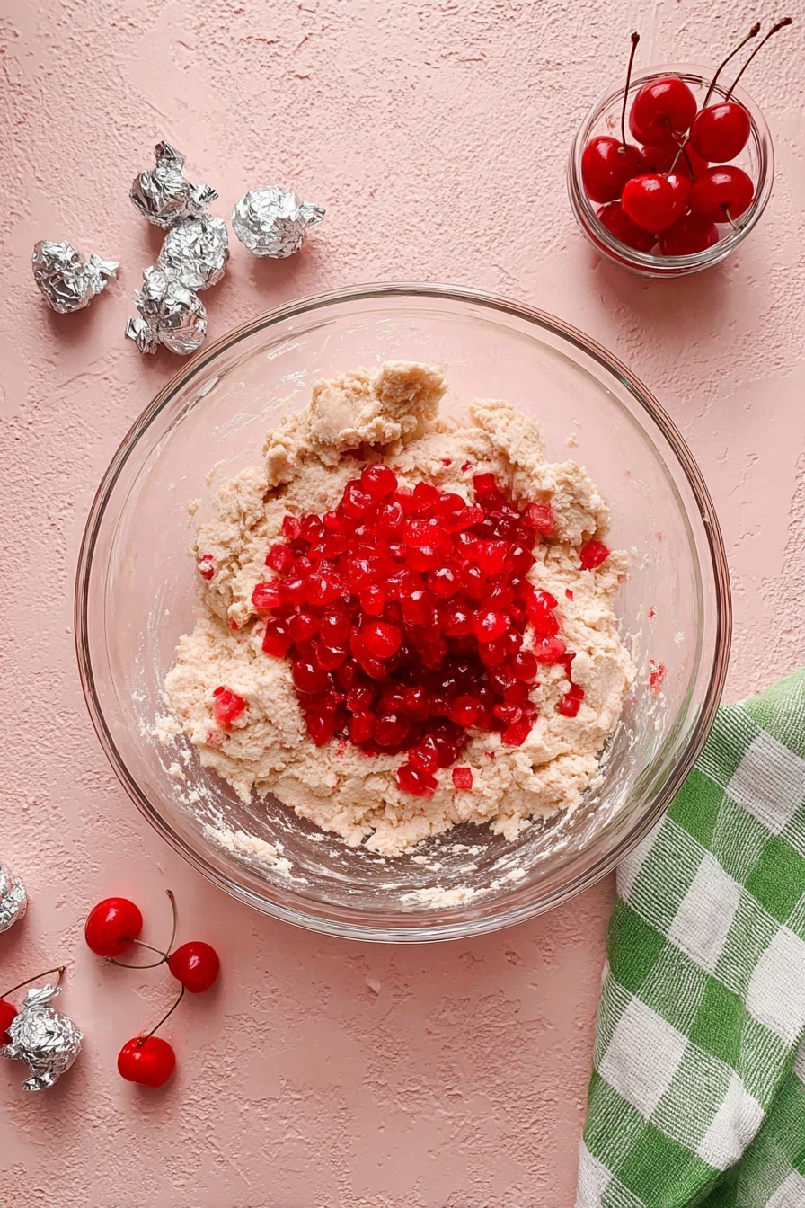 The image shows a white decorative plate filled with soft pink cookies that have red cherry bits inside. On top of the pile, two cookies are stacked with the top one broken in half, revealing a smooth, shiny chocolate center inside each half. Each cookie has a rounded shape with a slightly cracked surface and a chocolate drop on top. Bright red cherries with stems are placed around the cookies for decoration. The background is a white marbled texture. photo taken with an iphone --ar 2:3 --v 7