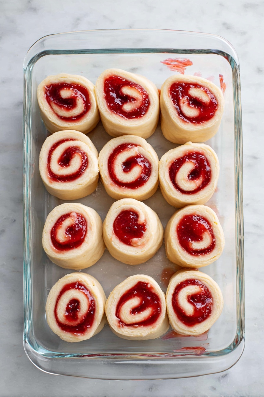 A soft, light tan cinnamon roll with a visible spiral layer structure sits on a white plate on a white marbled surface. The top layer is covered with a shiny, smooth light pink icing that drips slightly down the sides. Inside the spiral, there are darker pinkish-red swirls of fruit filling adding a textured contrast. A small piece of the roll is broken off, showing the fluffy and moist interior. A silver fork lies next to the roll with some icing and filling smudged on its prongs. Photo taken with an iphone --ar 2:3 --v 7