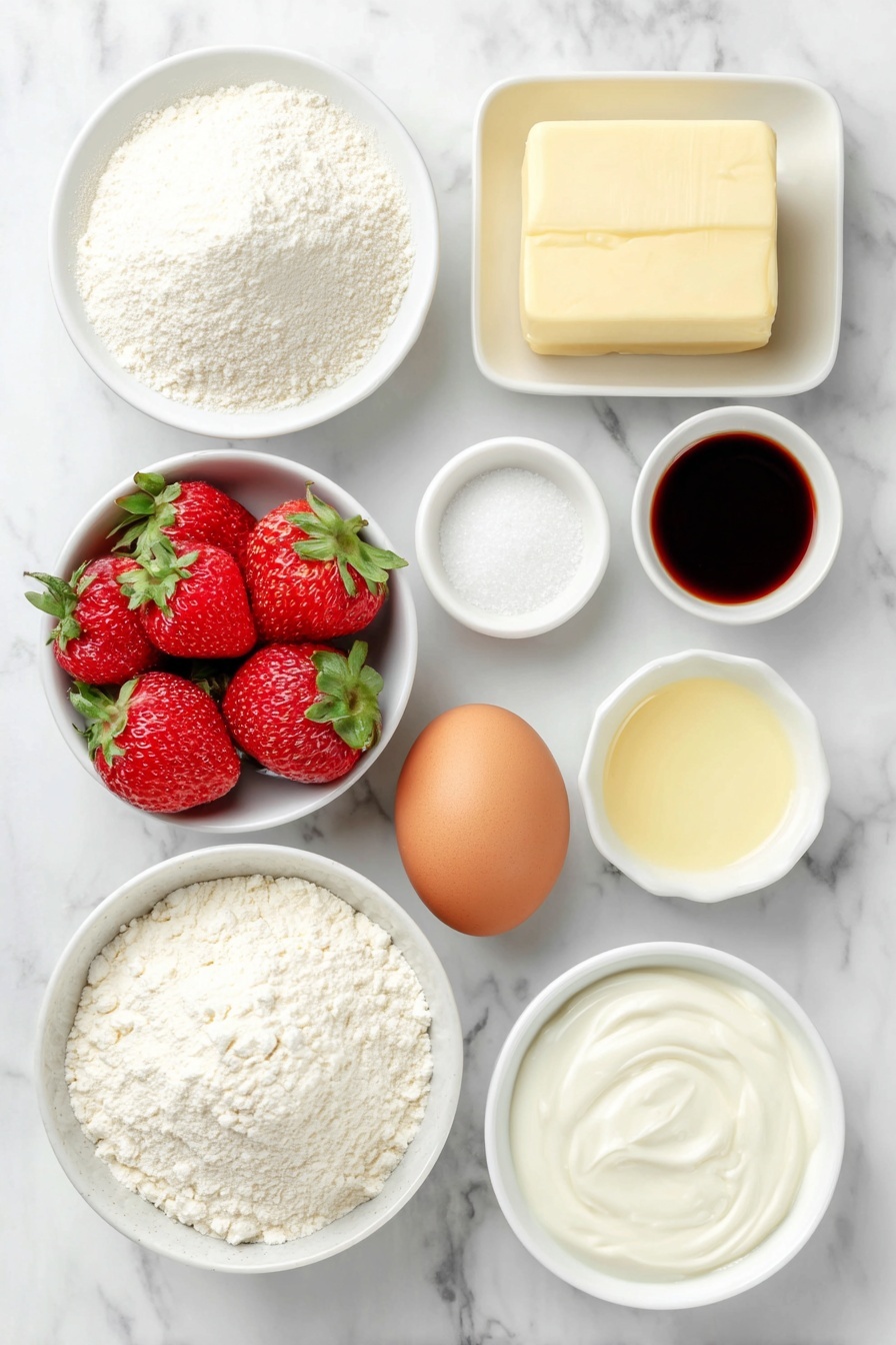 Flat lay of a small mound of all purpose flour, two teaspoons of baking powder in a small white bowl, half a teaspoon of salt in a small white bowl, a quarter cup of softened unsalted butter shaped into a neat square, a small pile of granulated sugar, one large whole egg with a clean shell, a small white bowl containing vanilla extract, a small white bowl filled with milk, a cluster of eight to ten fresh whole strawberries with green tops, two cups of powdered sugar in a small white bowl, a small white bowl with melted butter, a small white bowl with heavy cream, all ingredients arranged symmetrically on a clean white marble surface, soft natural light, photo taken with an iPhone, professional food photography style, fresh ingredients, white ceramic bowls, no bottles, no duplicates, no utensils, no packaging --ar 2:3 --v 7 --p m7354615311229779997