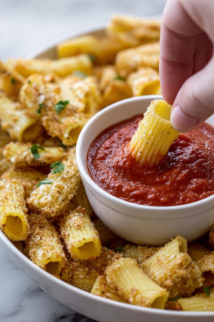 The image shows two close-up views of a clear glass bowl filled with crispy, golden-brown snack sticks that look crunchy and slightly ridged. In the top part, a small clear glass container with yellow oil and herbs is being poured gently over the sticks. In the bottom part, white grated cheese is sprinkled above the snack sticks, resting in the bowl with a light texture. The bowl sits on a white marbled surface. Photo taken with an iphone --ar 2:3 --v 7