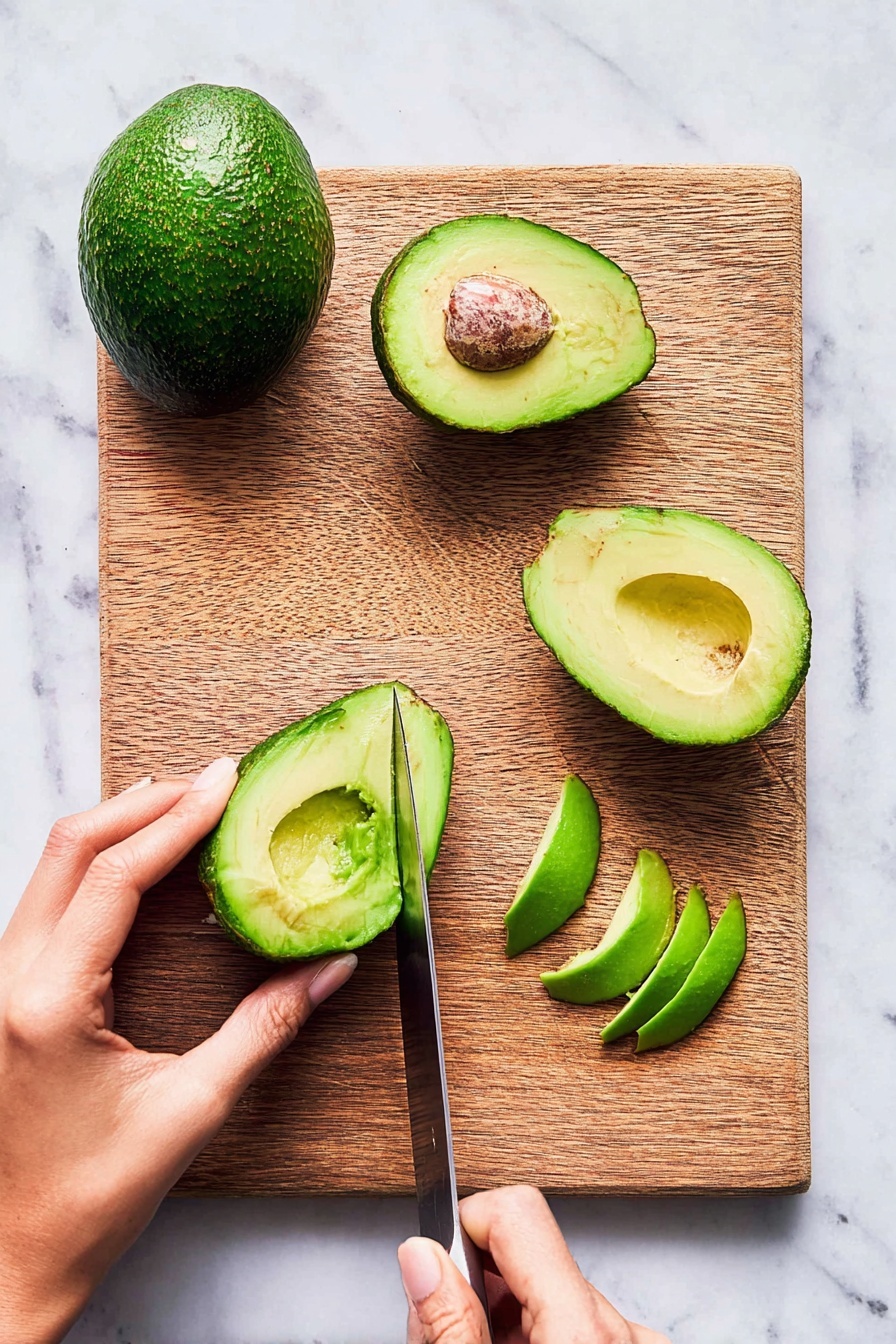 A close-up image shows a woman's hand holding a golden brown, crispy avocado fry dipped halfway into a small bowl of smooth, creamy, light orange sauce with tiny red specks. The avocado fry is textured with a crunchy coating and visible green avocado inside. The bowl holding the sauce is white and round, placed on a white marbled surface. Around the bowl, more avocado fries lie scattered, showing the same golden crust and green interior. The light highlights the crispiness of the fry and the creaminess of the sauce. Photo taken with an iphone --ar 2:3 --v 7