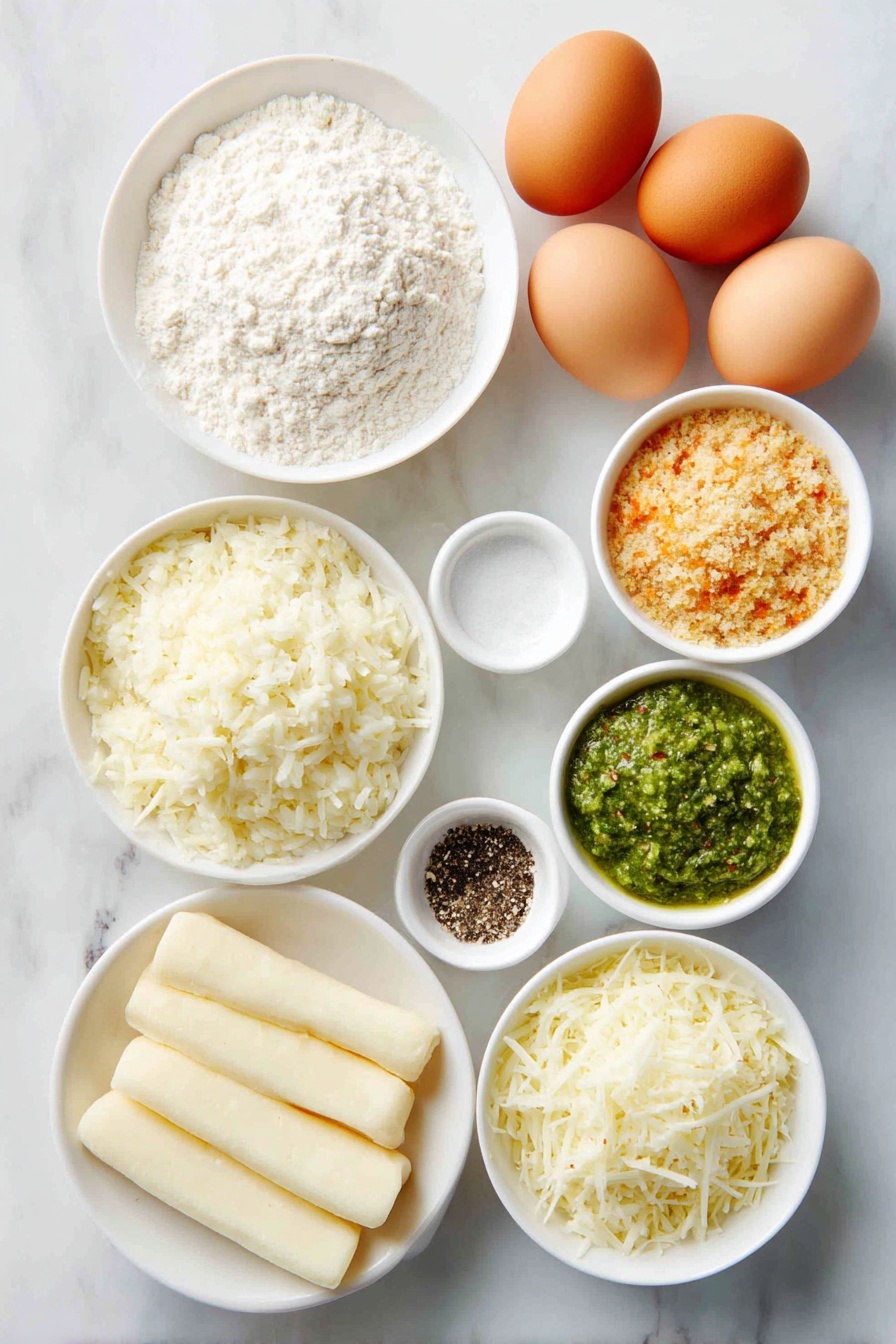 Flat lay of cooked risotto in a simple white ceramic bowl, several mozzarella string cheese sticks cut into pieces arranged neatly on a white plate, a small white bowl of all-purpose flour, whole uncracked brown eggs, a small white bowl filled with panko bread crumbs mixed with shredded Pecorino Romano, a small white bowl of finely grated Pecorino Romano, a small white bowl containing freshly ground black pepper, a small white bowl with kosher salt, a few sprigs of fresh basil leaves for pesto garnish, a small white bowl with bright red marinara sauce, all placed on a clean white marble surface, soft natural light, photo taken with an iPhone, professional food photography style, fresh ingredients, white ceramic bowls, no bottles, no duplicates, no utensils, no packaging --ar 2:3 --v 7 --p m7354615311229779997