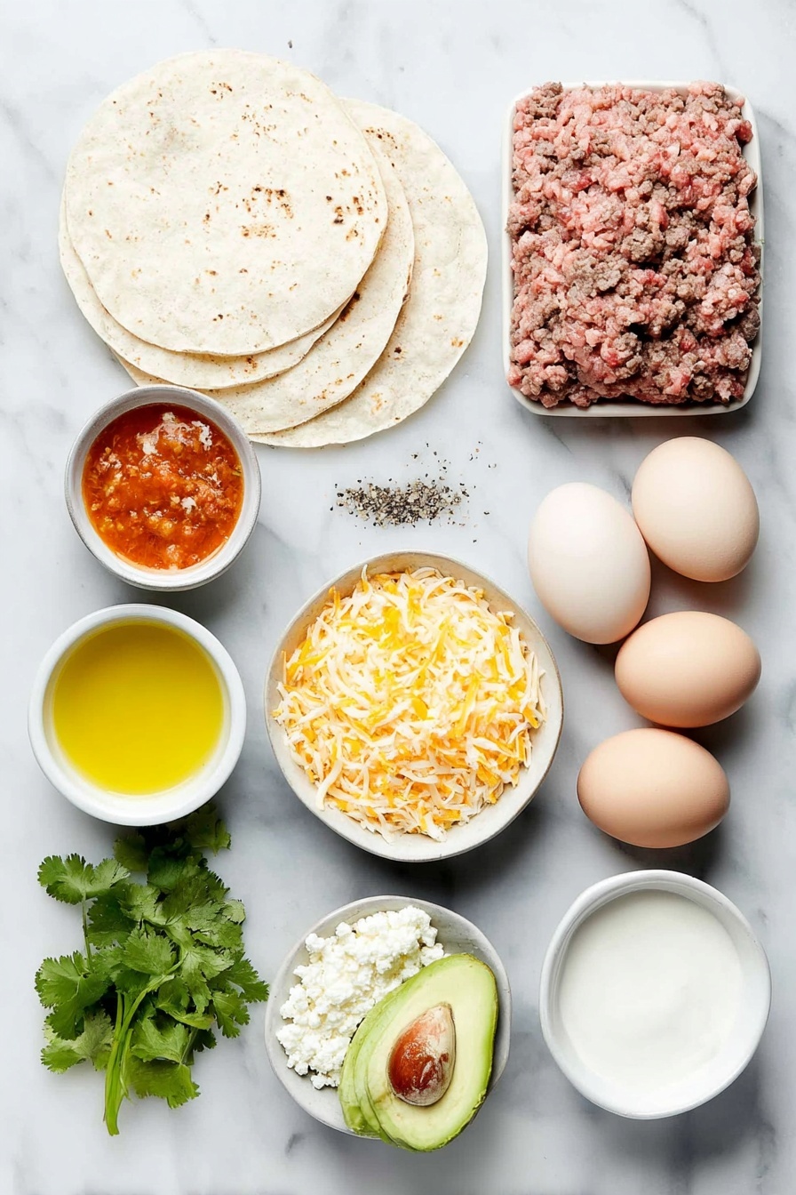 Flat lay of a small mound of fresh ground beef, a whole white onion chopped into pieces, a green bell pepper chopped, two whole uncracked brown eggs, a stack of soft corn tortillas, a small heap of shredded marble cheese with white and orange hues, a few sprigs of fresh cilantro, a quarter avocado sliced showing creamy green flesh, a small white bowl of golden olive oil, a small white bowl of bright red salsa, a small white bowl of smooth sour cream, a small white bowl of crumbled white cotija cheese, sprinkled coarse black pepper and salt crystals, all ingredients arranged symmetrically around the center on simple white ceramic bowls and plates, placed on a clean white marble surface, soft natural light, photo taken with an iPhone, professional food photography style, fresh ingredients, white ceramic bowls, no bottles, no duplicates, no utensils, no packaging --ar 2:3 --v 7 --p m7354615311229779997