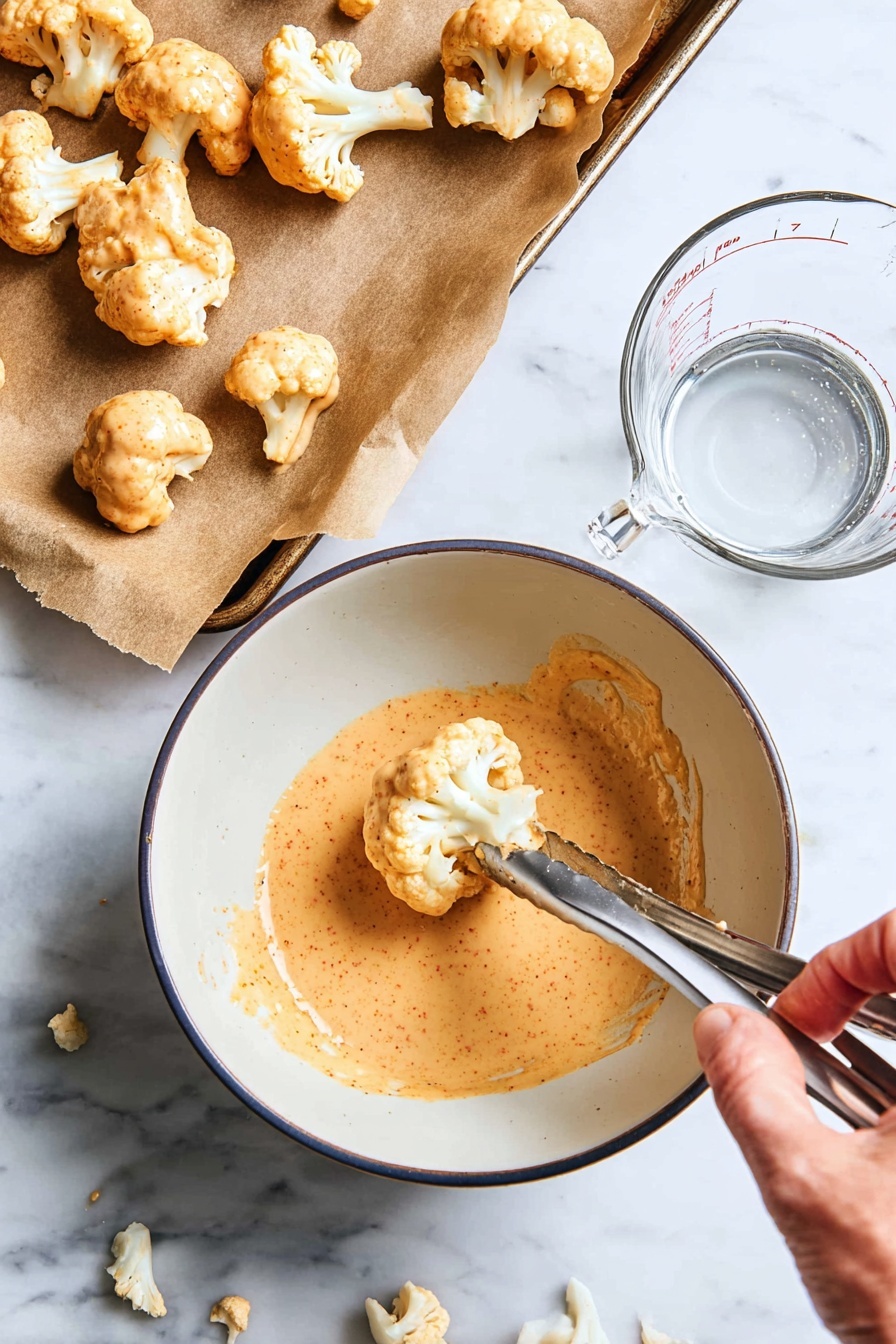 The image shows many small, bright orange cauliflower pieces that look crispy and coated in sauce. They are placed on a black wire rack over a white marbled surface with small green herb leaves scattered around. A woman's hand is dipping one cauliflower piece into a small silver cup filled with white creamy sauce. The cauliflower pieces have a slightly charred look in some spots, making them appear cooked and flavorful. photo taken with an iphone --ar 2:3 --v 7