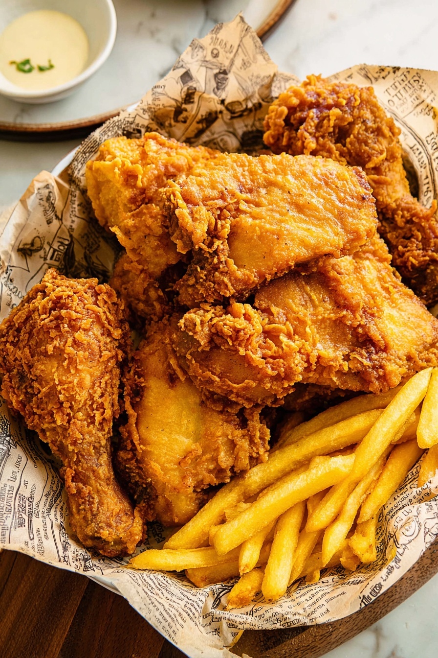 A white round plate lined with vintage-style printed parchment paper holds a pile of layered fried chicken pieces and French fries. The bottom layer consists of golden brown drumsticks with crispy, textured skin. On top, there are bigger pieces of fried chicken with uneven, crunchy coating in shades of golden yellow to light brown. Bright yellow French fries are placed on one side, slightly overlapping the chicken. The whole dish sits on a white marbled surface with a glimpse of a white plate with a creamy dipping sauce nearby. Photo taken with an iphone --ar 2:3 --v 7