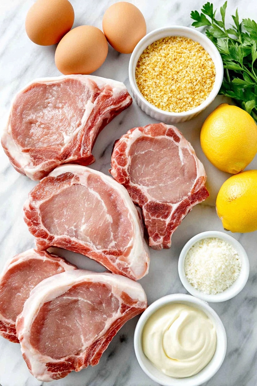 Flat lay of four fresh boneless pork chops with clean white shells of two whole brown eggs resting nearby, a small white ceramic bowl filled with golden plain breadcrumbs, another small white bowl holding finely grated Parmesan cheese, a small white bowl containing smooth mayonnaise, fresh whole lemons cut into wedges alongside a few bright green sprigs of parsley, all arranged symmetrically and naturally on a simple white ceramic baking sheet, placed on a clean white marble surface, soft natural light, photo taken with an iPhone, professional food photography style, fresh ingredients, white ceramic bowls, no bottles, no duplicates, no utensils, no packaging --ar 2:3 --v 7 --p m7354615311229779997