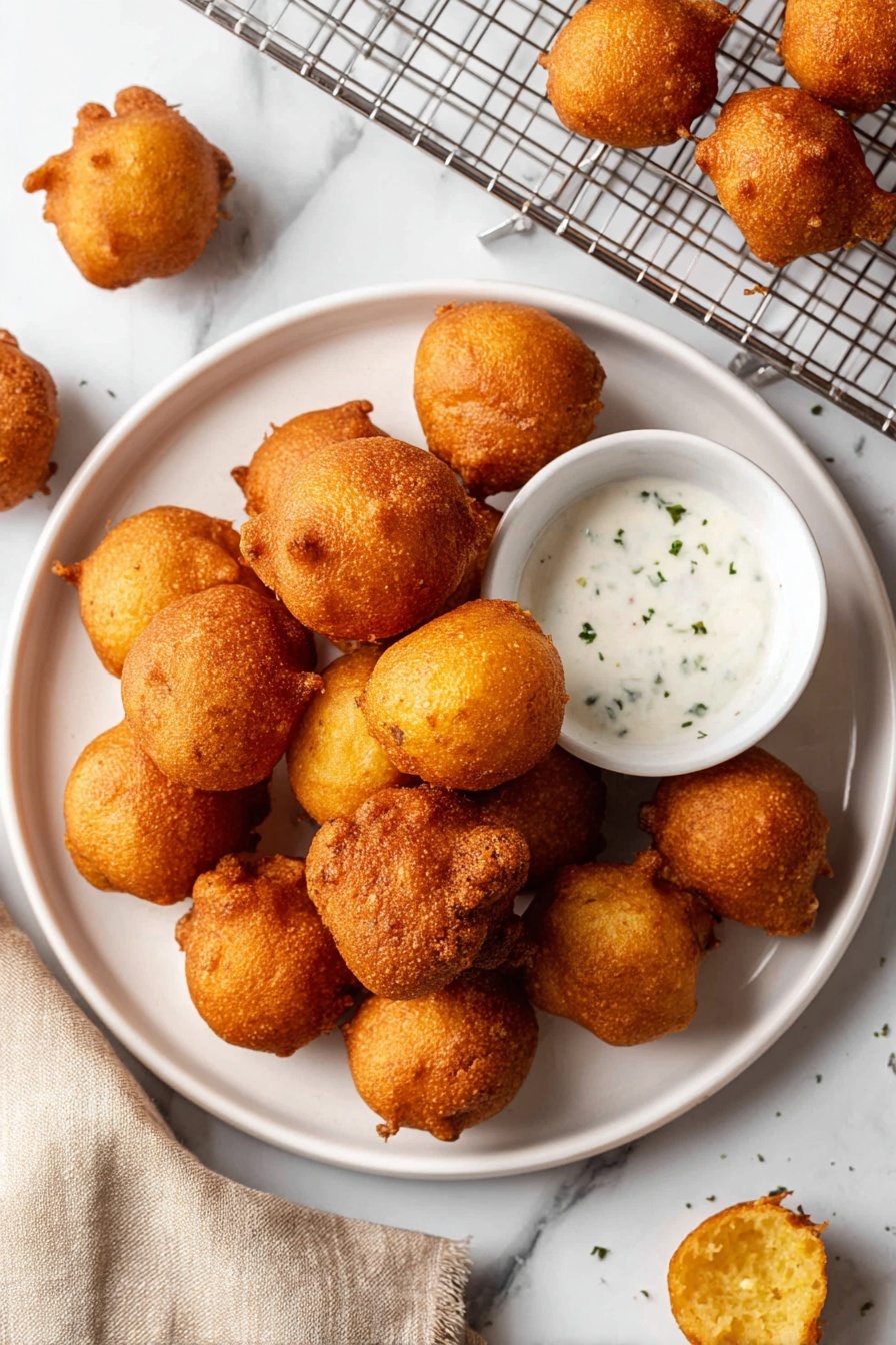 A white plate full of golden brown fried dough balls with a crunchy texture is placed on a white marbled surface. The dough balls are round and uneven in shape, some slightly larger than others, showing a rough and crispy outer layer. In the center of the plate is a small white bowl filled with creamy white dipping sauce that has tiny green herb bits. Around the plate, a few dough balls are scattered, and in the background, there is a cooling rack with more fried dough balls on it. A beige cloth is visible in the lower left corner. photo taken with an iphone --ar 2:3 --v 7