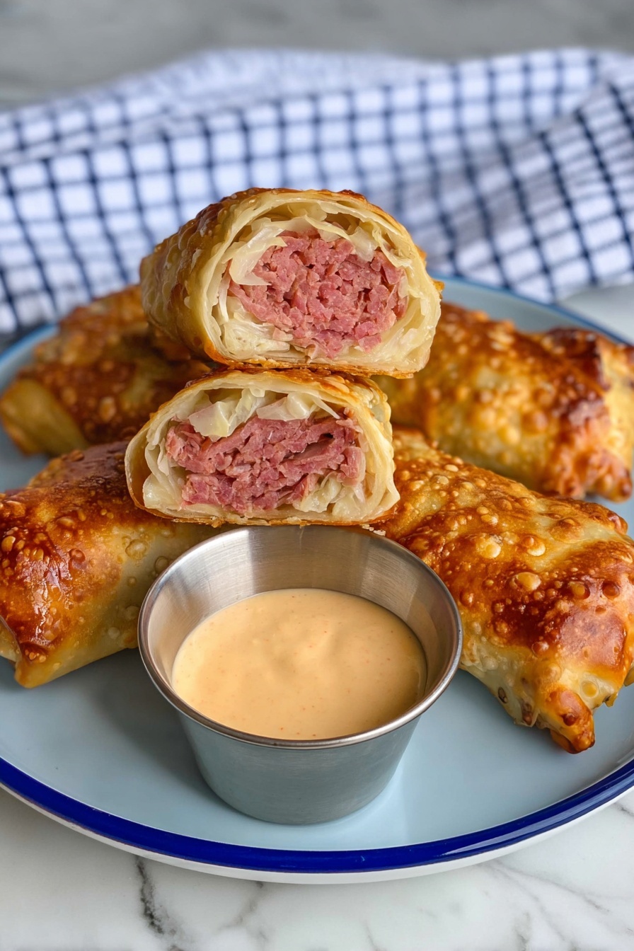 On a white plate with a blue center, there are several golden brown baked pastries. One pastry is split in half and placed standing upright in the middle, showing three main layers: the outer crust is a shiny, light brown baked pastry dough; inside it has a thick layer of pinkish-red meat with a fibrous texture, and a layer of shredded white cabbage-like vegetable surrounding the meat on both sides. A small metal bowl with creamy, light orange dipping sauce sits in front of the pastries. In the background, there is a white and blue checkered cloth on a white marbled surface. photo taken with an iphone --ar 2:3 --v 7