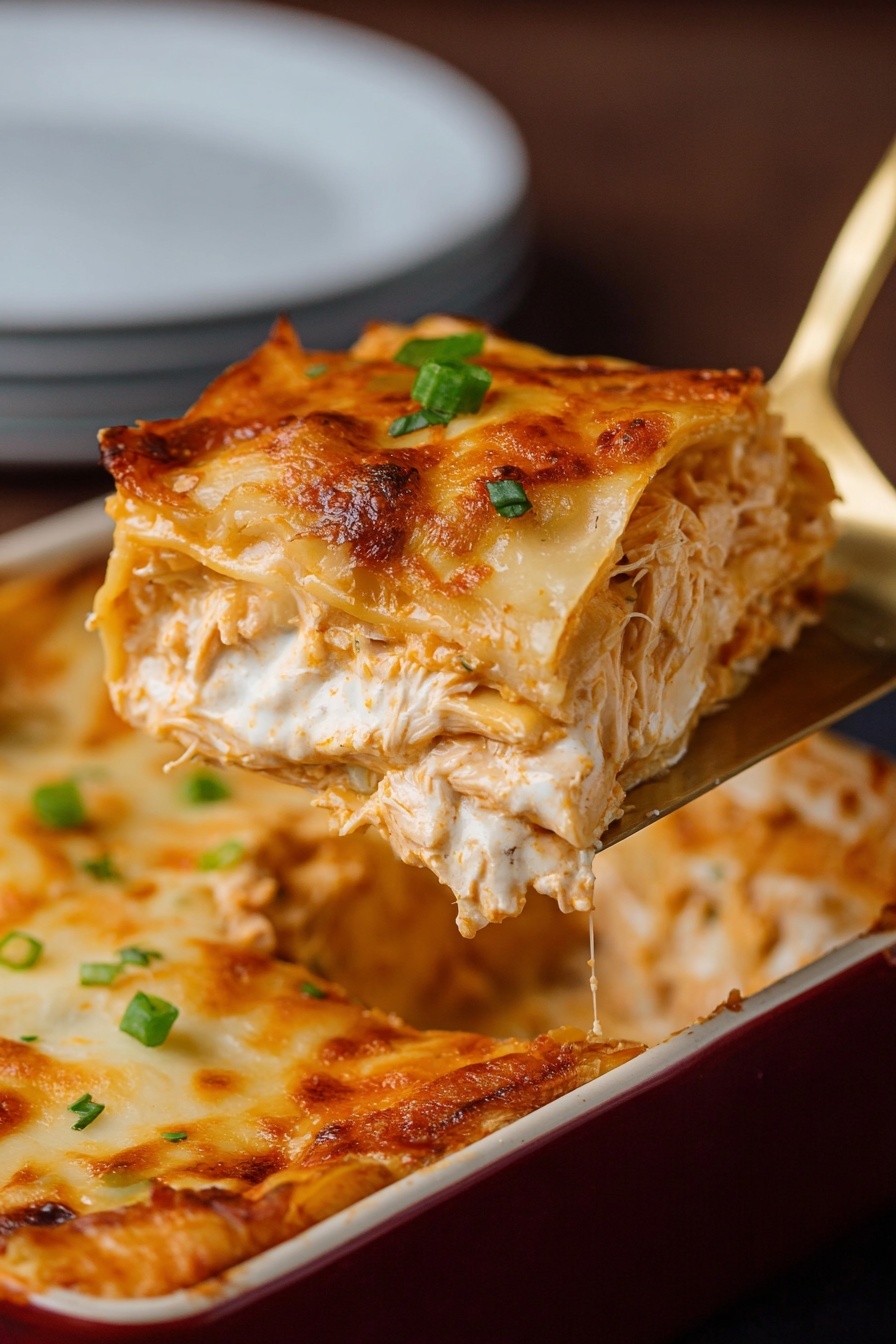 The image shows a close-up of a thick piece of lasagna being lifted with a silver spatula from a deep green baking dish. The lasagna has multiple layers with a golden-brown, melted cheese top that is slightly crispy. Below the cheese layer is a creamy white sauce with smooth texture, followed by a light orange sauce layer mixed with finely shredded chicken or similar filling. The bottom layers include soft, slightly cooked pasta sheets with visible edges. The slice is garnished with small green onion pieces on top. The background is a dark brown surface with a white plate visible at the bottom right corner. photo taken with an iphone --ar 2:3 --v 7