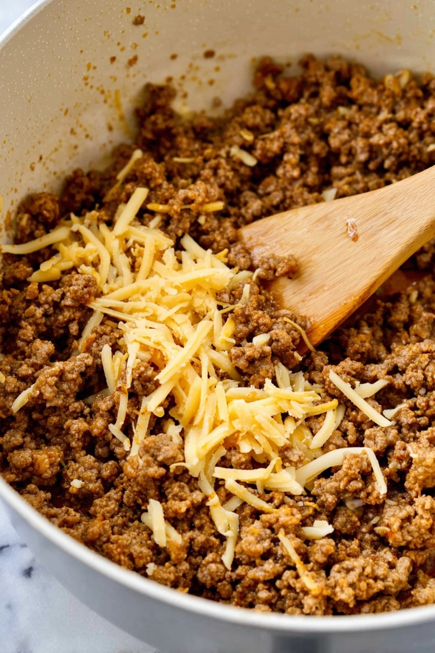 The image shows several golden-brown fried rolls with a crispy, slightly blistered texture. Two rolls in the center are cut in half vertically, revealing three layers inside: the outer crispy brown shell, a middle layer of dark brown minced meat, and melted cheese stretching between the halves. The rolls rest on a light wooden surface with a white marbled texture in the background, accompanied by two small white bowls with blue rims holding red sauce and a creamy light yellow sauce. photo taken with an iphone --ar 2:3 --v 7