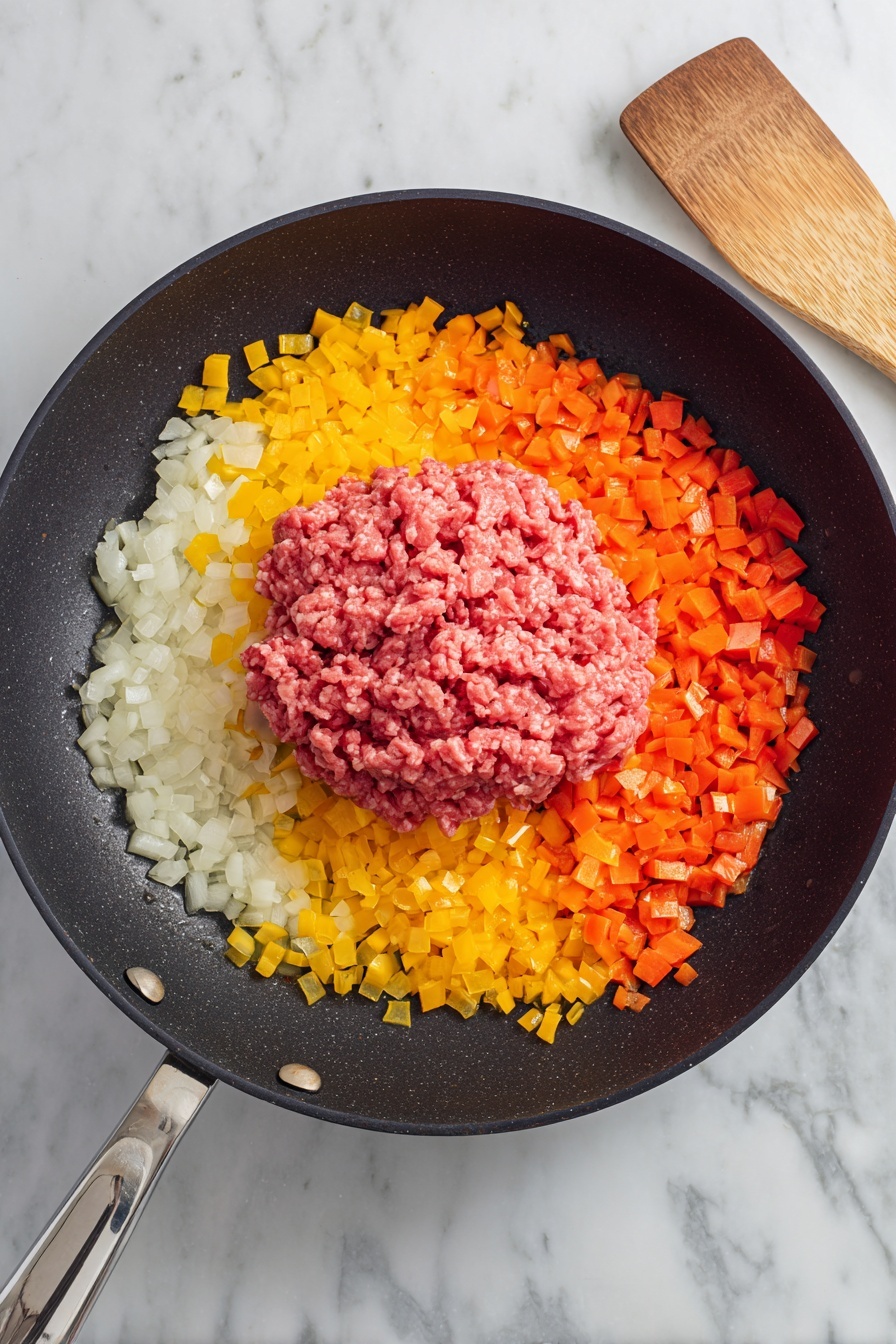 The dish is served on a white plate, with one main layer of golden tater tots at the bottom, showing a crispy texture. Scattered above the tater tots are small pieces of cooked ground meat in a brown color with a crumbly texture, mixed with bits of light green chopped lettuce. The top layer is a rich, dark red sauce drizzled generously over the dish, adding a shiny, smooth contrast. White cream sauce can also be seen peeking through the layers underneath the red sauce. The background is a black cast iron skillet filled with the same dish, placed on a white marbled surface. photo taken with an iphone --ar 2:3 --v 7