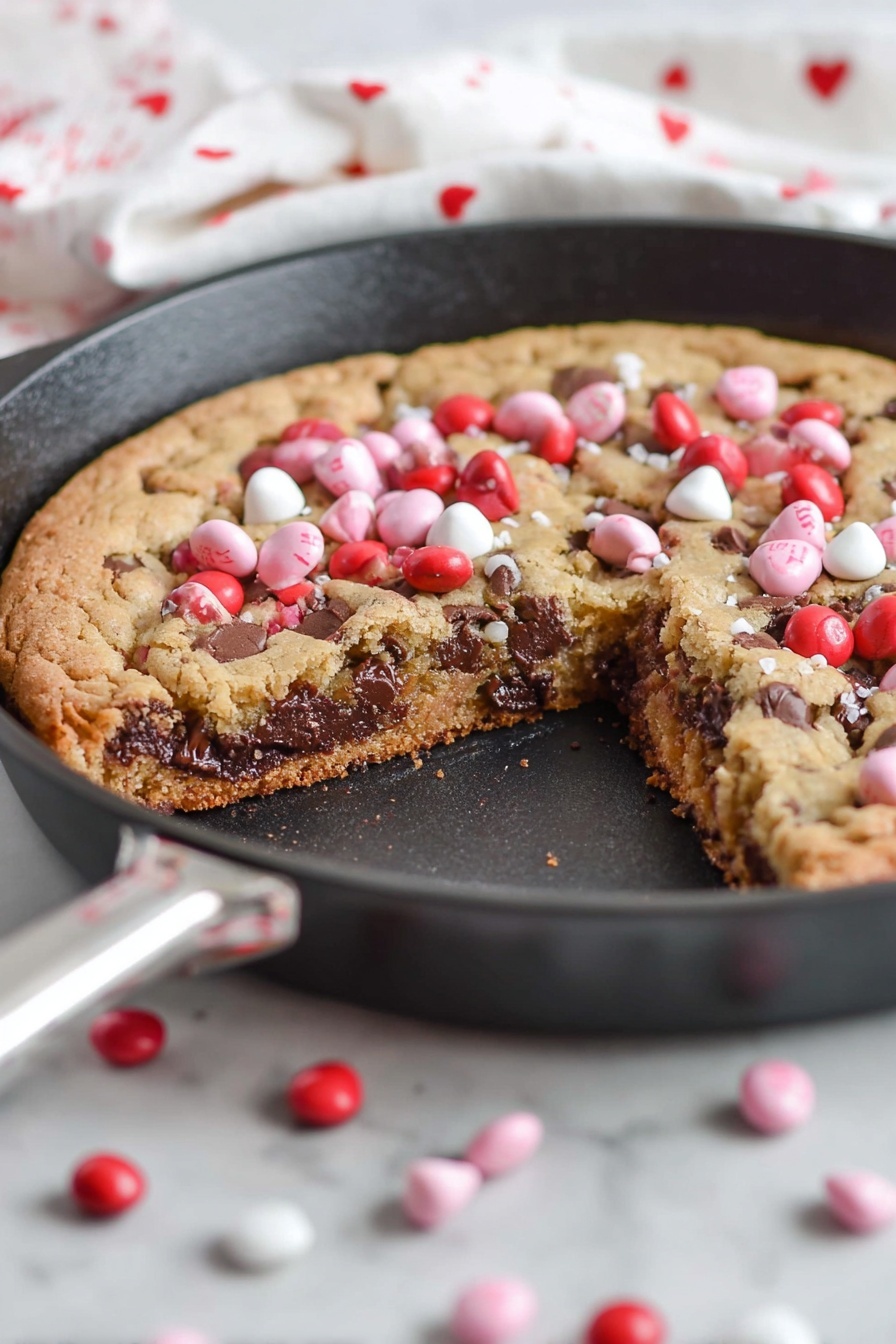 The image shows a large skillet cookie with one slice missing, exposing three visible layers: a top golden-brown cookie layer with a slightly crisp texture, a middle soft layer rich with melted chocolate chips creating a dark brown, gooey texture, and a bottom cookie layer similar to the top. The cookie is topped with scattered red, white, and pink candy-coated chocolates, with some fallen onto the black skillet surface and the white marbled texture underneath. The skillet handle is visible in the foreground, and there is a blurred white cloth with small red hearts in the background. Photo taken with an iphone --ar 2:3 --v 7