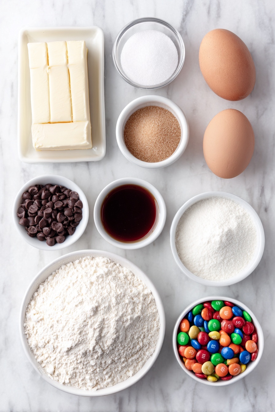 Flat lay of softened butter sticks, a small white bowl of white granulated sugar, a small white bowl of brown sugar, two whole uncracked brown eggs, a small white bowl of vanilla extract, a small white bowl of unbleached flour, a small white bowl of baking soda, a small white bowl of table salt, a simple white ceramic bowl filled with mini semi-sweet chocolate chips, a simple white ceramic bowl of colorful Peanut Butter M&Ms, all arranged with perfect symmetry, placed on a clean white marble surface, soft natural light, photo taken with an iPhone, professional food photography style, fresh ingredients, white ceramic bowls, no bottles, no duplicates, no utensils, no packaging --ar 2:3 --v 7 --p m7354615311229779997
