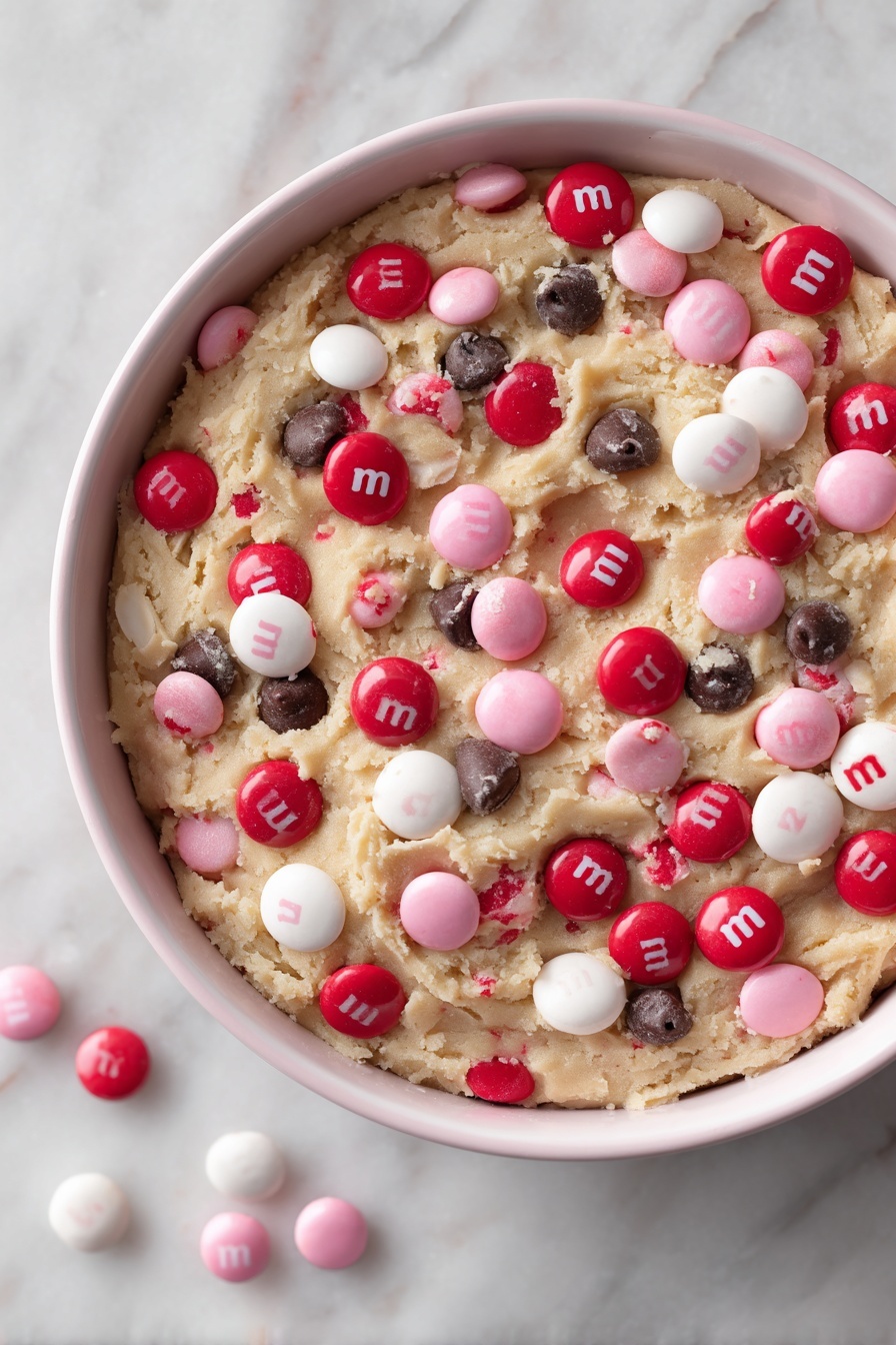 A single triangular slice of a thick cookie bar is held up by a woman's hand, showing a golden brown top layer with a cracked, crumbly texture. Embedded in the top are colorful candy-coated chocolate pieces in red, white, and pink, some with dark stripes. The middle layer appears dense and soft with melted chocolate chunks peeking through, while the bottom layer is a darker, firmer base. The background is a white marbled surface with the rest of the dessert visible out of focus. Photo taken with an iphone --ar 2:3 --v 7