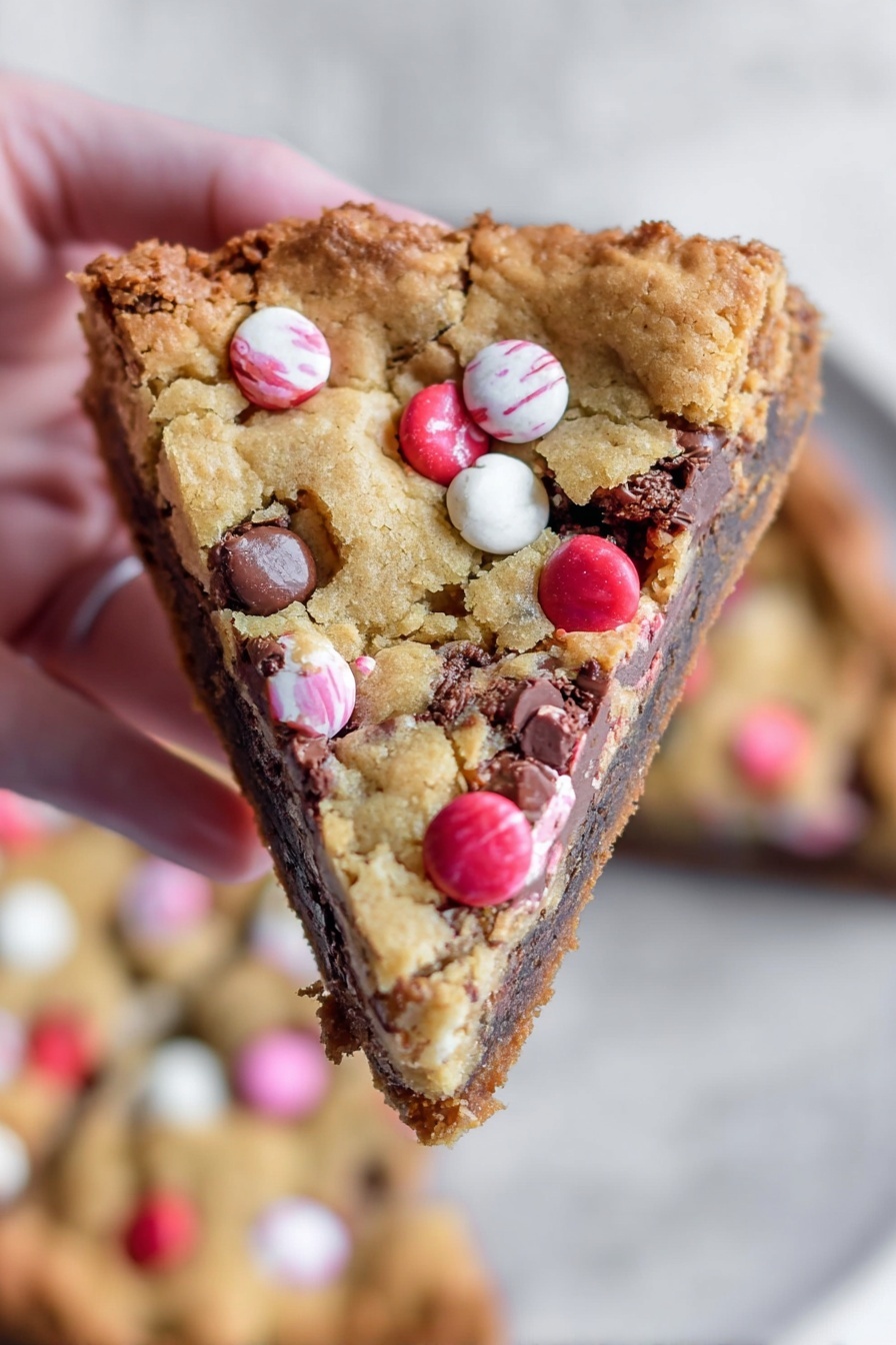 The image shows a close-up of several scoops of light beige cookie dough with small dark chocolate chips mixed in. On top of the cookie dough are scattered round candy pieces in red, pink, and white colors, some with a slight shine and a small