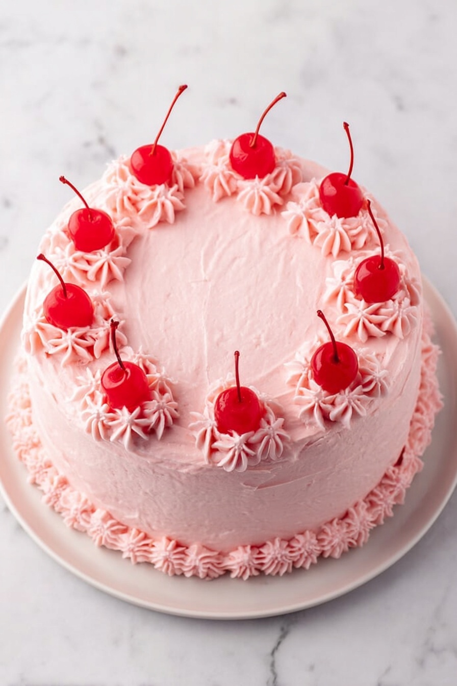 A two-layer round cake covered with smooth light pink frosting, each layer clearly defined. The top edge of the cake is decorated with piped pink frosting stars evenly spaced around the circle. Bright red cherries with stems are placed on top of every other frosting star, adding a pop of color. The cake sits on a simple white plate, set against a white marbled surface. photo taken with an iphone --ar 2:3 --v 7