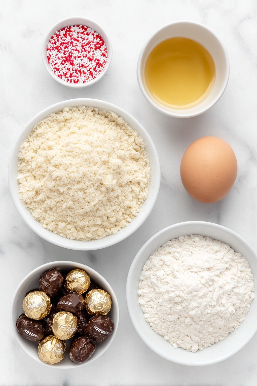 Flat lay of a small mound of pale beige sugar cookie mix powder, a small white ceramic bowl with melted golden salted butter, a small white ceramic bowl of fine all-purpose flour, one large brown egg with a clean shell, a small white ceramic bowl containing vibrant red and pink food coloring liquid, a cluster of unwrapped shiny silver-and-brown Hershey’s hugs chocolates nestled together, and a delicate handful of colorful heart-shaped and flower-shaped decorative sprinkles scattered nearby, all arranged in perfect symmetry on a clean white marble surface, soft natural light, photo taken with an iPhone, professional food photography style, fresh ingredients, white ceramic bowls, no bottles, no duplicates, no utensils, no packaging --ar 2:3 --v 7 --p m7354615311229779997