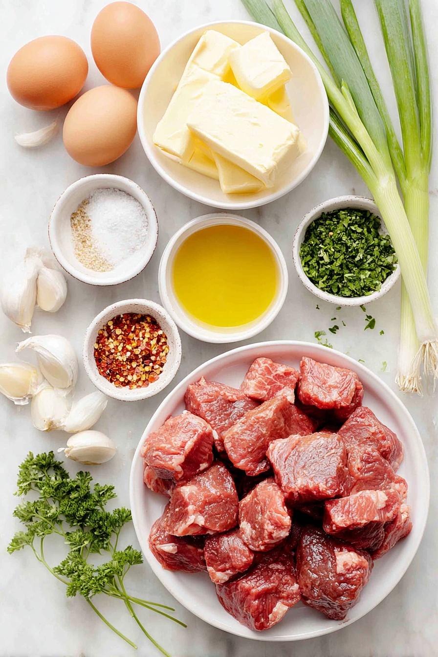 Flat lay of fresh raw steak cut into small bite-sized cubes, a few whole uncracked brown eggs, six peeled garlic cloves, a small white ceramic bowl of golden avocado oil, a small white ceramic bowl of bright red crushed red pepper flakes, a small white ceramic bowl of coarse salt, a small white ceramic bowl of freshly ground black pepper, two tablespoons of creamy butter in a simple white ceramic dish, a small bunch of bright green parsley chopped finely, and a few fresh green onions with long crisp stalks, all arranged symmetrically on a clean white marble surface, soft natural light, photo taken with an iPhone, professional food photography style, fresh ingredients, white ceramic bowls, no bottles, no duplicates, no utensils, no packaging --ar 2:3 --v 7 --p m7354615311229779997