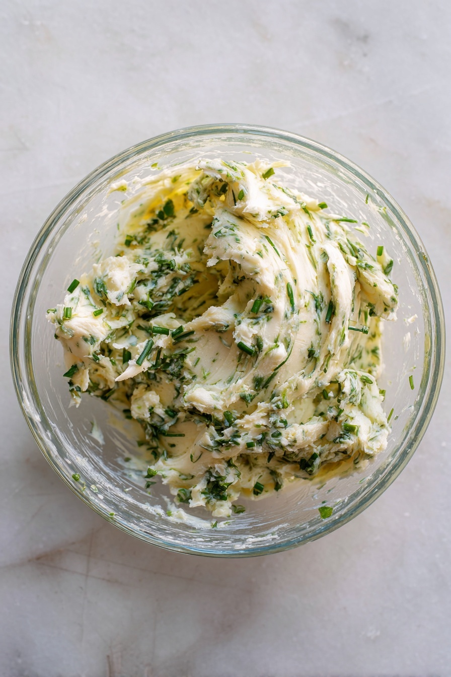 The image shows one large piece of cooked steak sliced into four thick layers, each with a brown outer crust and a juicy pink center. Three slices are laid flat on a wooden board with a texture of small juices on the surface, and the top slice has a spoonful of chopped garlic and green herbs on it. Several green rosemary sprigs are placed over the steak and around it. To the upper right is a whole garlic bulb with a pale white color and dry skin, all set on a white marbled textured background. Photo taken with an iphone --ar 2:3 --v 7