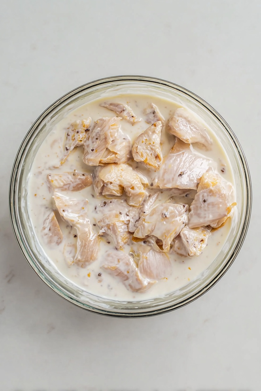 The image shows a white plate with three pieces of crispy fried chicken. The top piece is broken open to show the white juicy meat inside, while the other two pieces have a rough, golden-brown crunchy crust with little cracks and crispy texture. The plate is placed on a white marbled surface with some green herbs scattered around and a striped gray cloth nearby. In the top right corner, there is a white plate with more fried chicken pieces on a piece of parchment paper. To the left, there is a dark round dish with some brown crumbs and a wooden spoon on it. The photo taken with an iphone --ar 2:3 --v 7