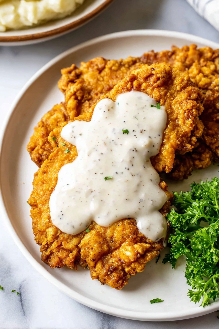 A white plate holds two pieces of golden brown fried chicken with a crispy, textured crust. On top of the chicken, there is a thick layer of creamy white gravy with small black pepper specks, unevenly spread over the center. To the right side of the plate, there is a small bunch of fresh green parsley with curly leaves. The plate sits on a white marbled surface, and part of another plate with light-colored mashed potatoes is faintly visible in the top left corner. Photo taken with an iphone --ar 2:3 --v 7