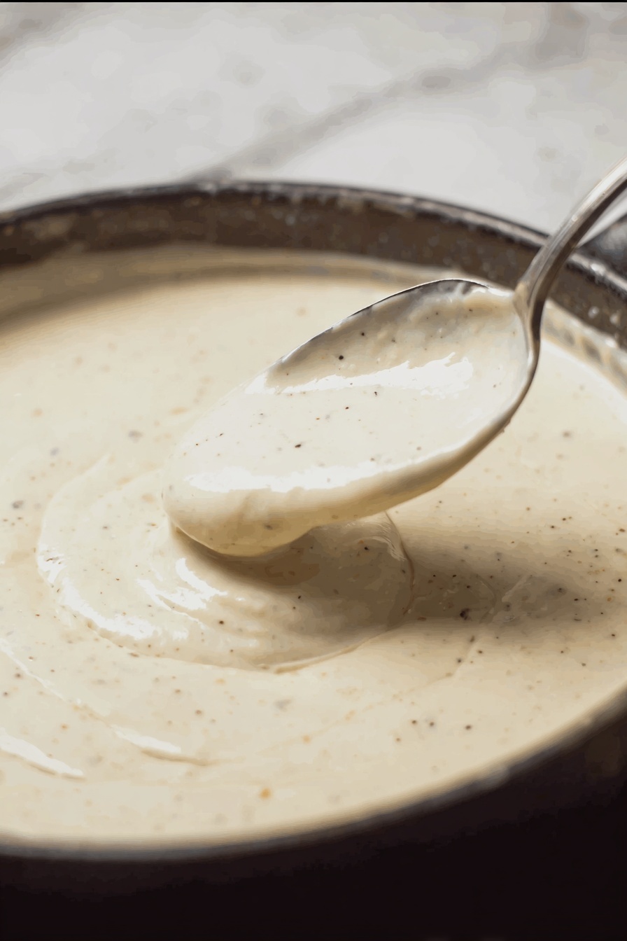 The image shows a close-up of a thick meat patty cut in half on a white plate with a white marbled texture surface. The patty has two dense, brown layers of cooked meat with a crispy outer crust, sandwiching a middle layer of creamy white sauce that drips slightly down the sides. The top of the patty is also covered with the same white sauce, which looks smooth and slightly runny. A fork is stuck into the top half of the patty, and in the background, there is a blurred side of light yellow mashed potatoes on the plate. Another plate with a similar dish is out of focus in the background. Photo taken with an iphone --ar 2:3 --v 7