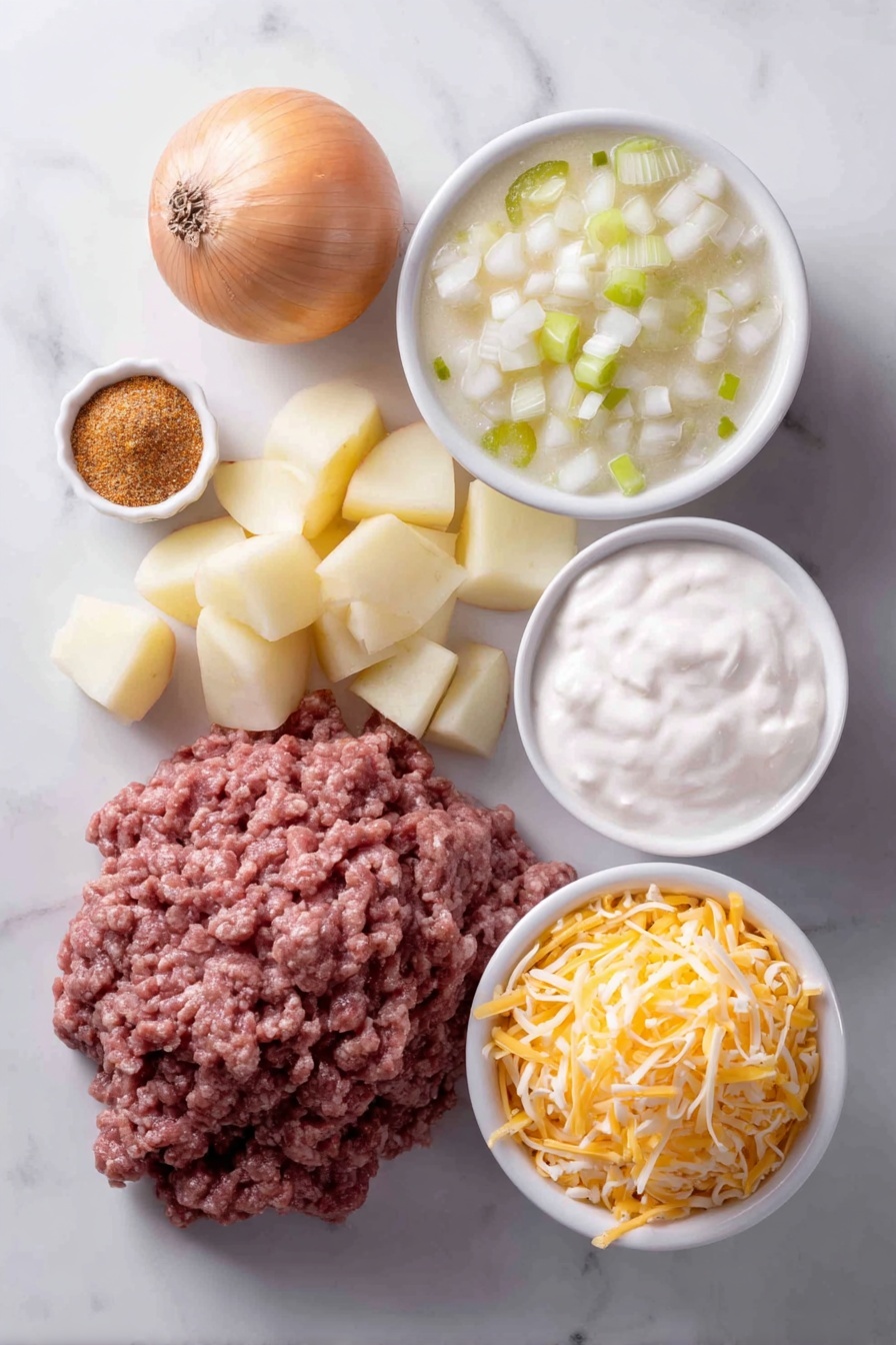 Flat lay of a small mound of browned ground beef, a whole yellow onion with diced pieces scattered nearby, a few cloves of minced garlic, a pile of fresh diced potatoes, a small white bowl of chunky diced tomatoes and green chilies, a small white bowl filled with creamy cheddar cheese soup, a small white bowl of smooth sour cream, a small heap of golden taco seasoning powder, and a small simple white ceramic bowl overflowing with shredded sharp cheddar cheese, all arranged with perfect symmetry and balanced proportions, placed on a clean white marble surface, soft natural light, photo taken with an iPhone, professional food photography style, fresh ingredients, white ceramic bowls, no bottles, no duplicates, no utensils, no packaging --ar 2:3 --v 7 --p m7354615311229779997