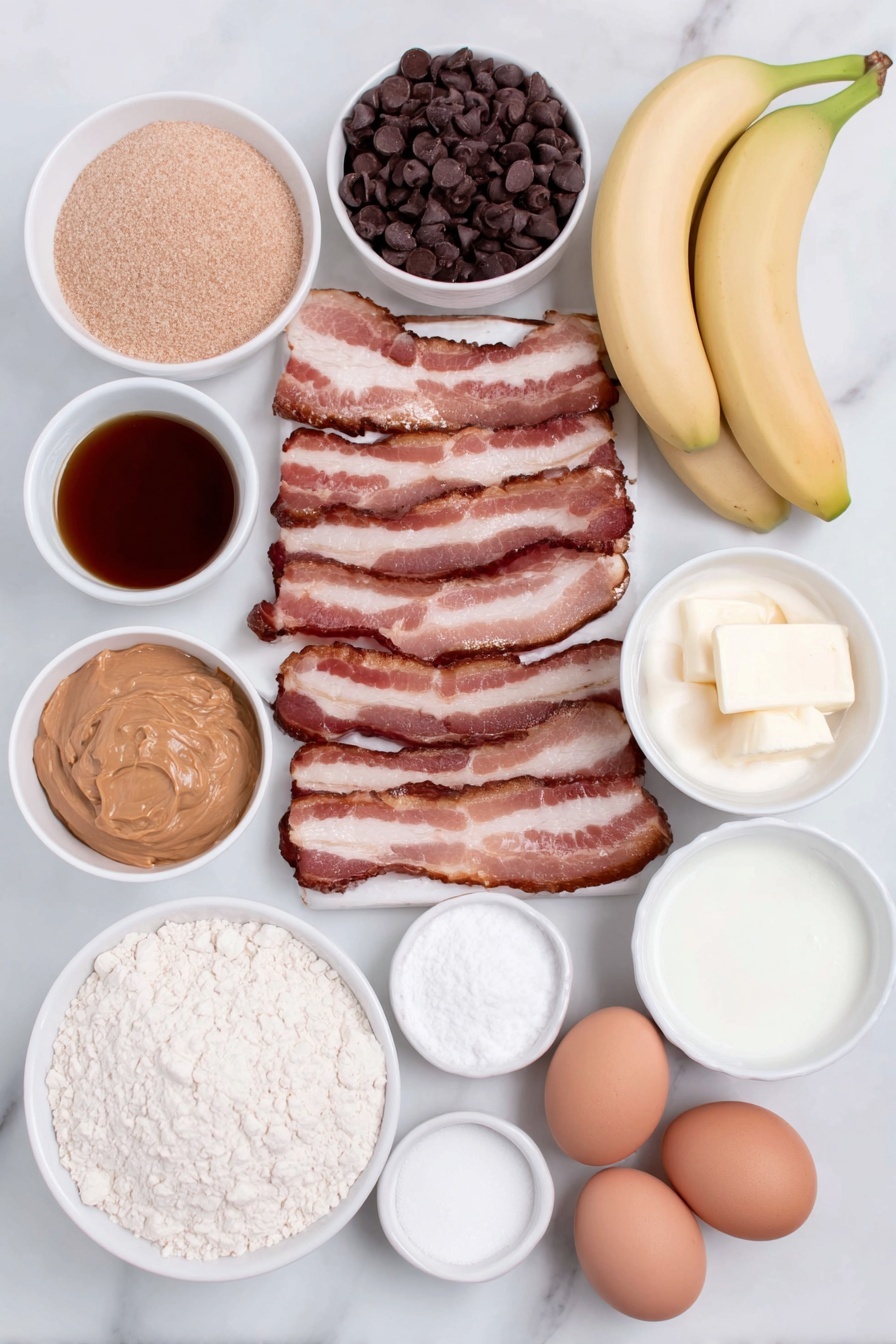 Flat lay of crispy uncooked bacon slices, a small white bowl of packed light brown sugar, a cluster of shiny dark chocolate chips, a small white bowl of all-purpose flour, a small white bowl of baking soda powder, a small white bowl of fine salt, three large ripe peeled bananas, a small white bowl of granulated sugar, a small white bowl of vegetable oil, a small white bowl of full-fat sour cream, a small white bowl of creamy peanut butter, two whole uncracked brown eggs, a small white bowl of golden honey, a small white bowl of powdered sugar, and a small white bowl of vanilla extract placed on a clean white marble surface, soft natural light, photo taken with an iPhone, professional food photography style, fresh ingredients, white ceramic bowls, no bottles, no duplicates, no utensils, no packaging --ar 2:3 --v 7 --p m7354615311229779997