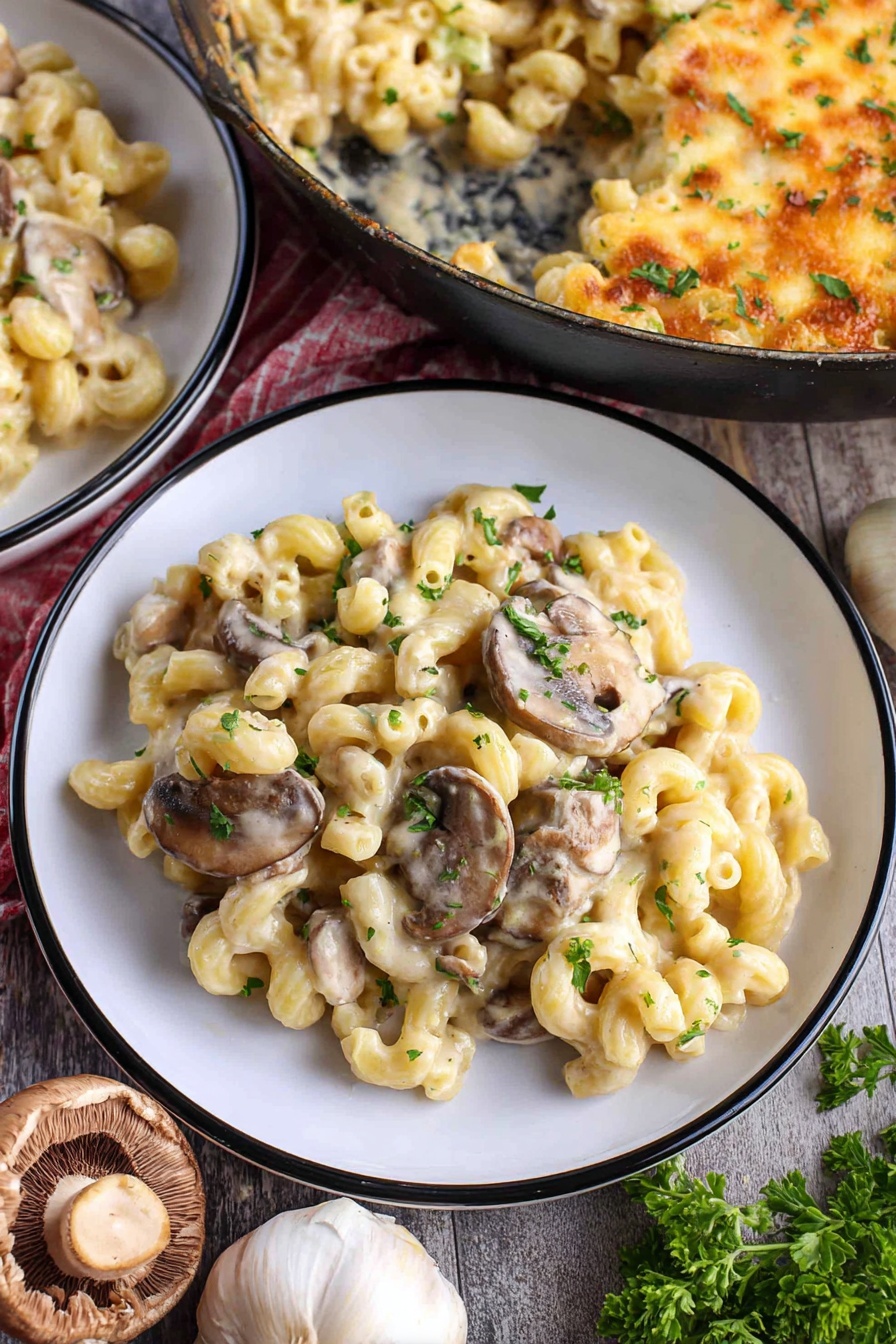 The image shows a close-up of cheesy pasta being lifted with a spoon from a black pan on a white marbled surface. The pasta is curly macaroni, covered in melted cheese that stretches in long strings as the spoon lifts a portion. The cheese is golden on top with browned spots and small green herb pieces sprinkled over it. Beneath the cheese layer, creamy pasta mixed with pieces of cooked meat is visible, creating a rich, textured look. In the blurred background, there is a green bell pepper and a hint of a checkered red and white cloth. Photo taken with an iphone --ar 2:3 --v 7