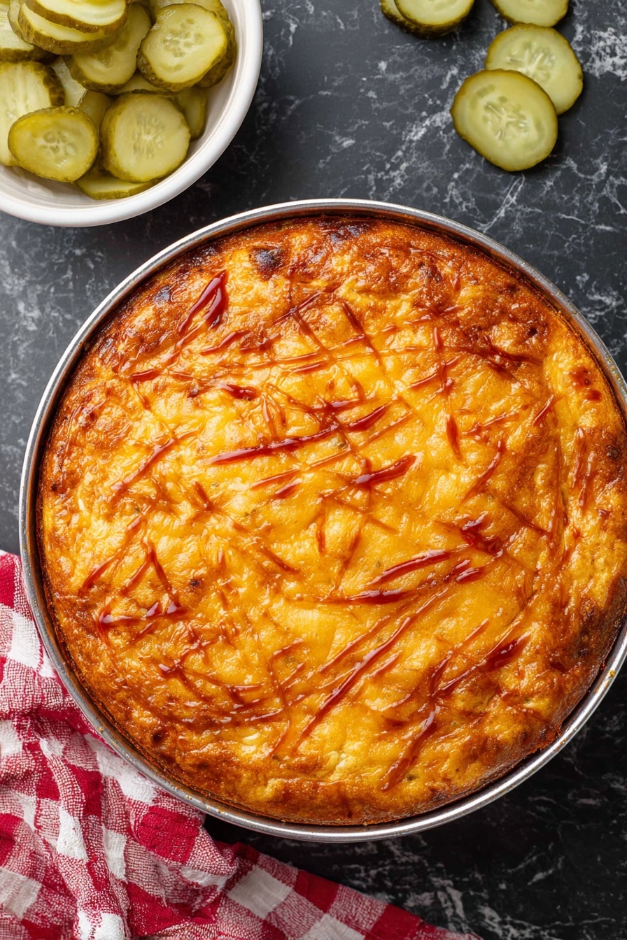 A round baked dish in a clear glass pie dish shows a golden brown, slightly bubbly top layer with orange and light brown tones from melted cheese and baked ingredients, with string-like cheese patterns visible across the surface. The dish is placed on a white marbled table. In the upper left corner, there is a white bowl filled with thinly sliced, light green pickles, and a few pickle slices are scattered nearby. In the lower right corner, a red and white checkered cloth is partially visible. photo taken with an iphone --ar 2:3 --v 7