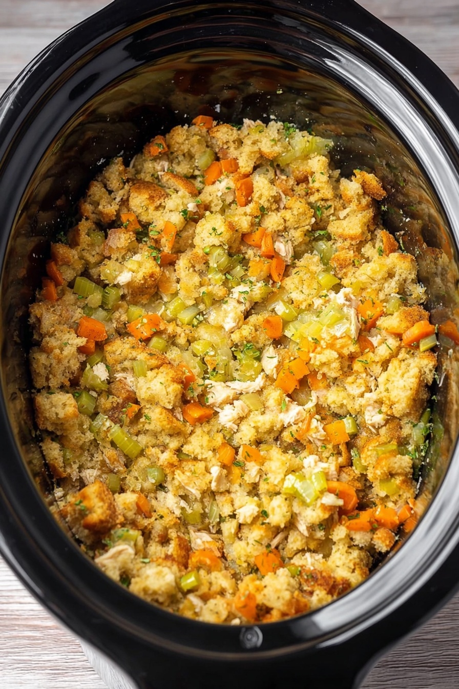 The image shows a close-up of a cooked stuffing dish inside a black slow cooker with a shiny surface. The stuffing is made of crumbled, golden-yellow bread pieces mixed with small rounds of orange carrot slices, chopped light green celery, and translucent bits of onion. The stuffing looks moist and soft with a slightly textured surface from the mixed ingredients. The cooker is placed on a white marbled texture background. photo taken with an iphone --ar 2:3 --v 7