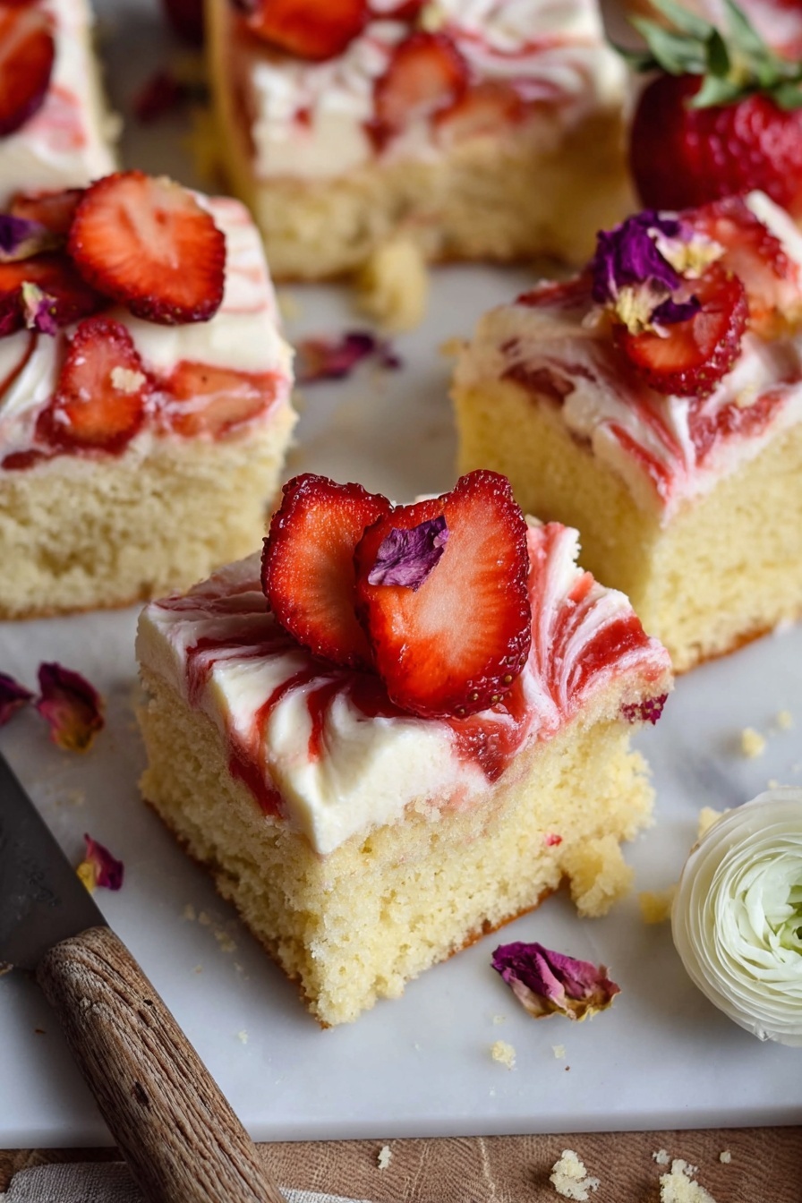The image shows a square metal baking pan placed on a white marbled surface. Inside the pan, there is a smooth, thick, off-white batter layer covering the bottom evenly. On top of this batter, there are four bright red dollops of sauce or puree, spaced out in a rough square pattern. The sauce has a slightly shiny texture and is thick enough to hold its shape without spreading. The scene is lit by natural light casting soft shadows. Photo taken with an iphone --ar 2:3 --v 7
