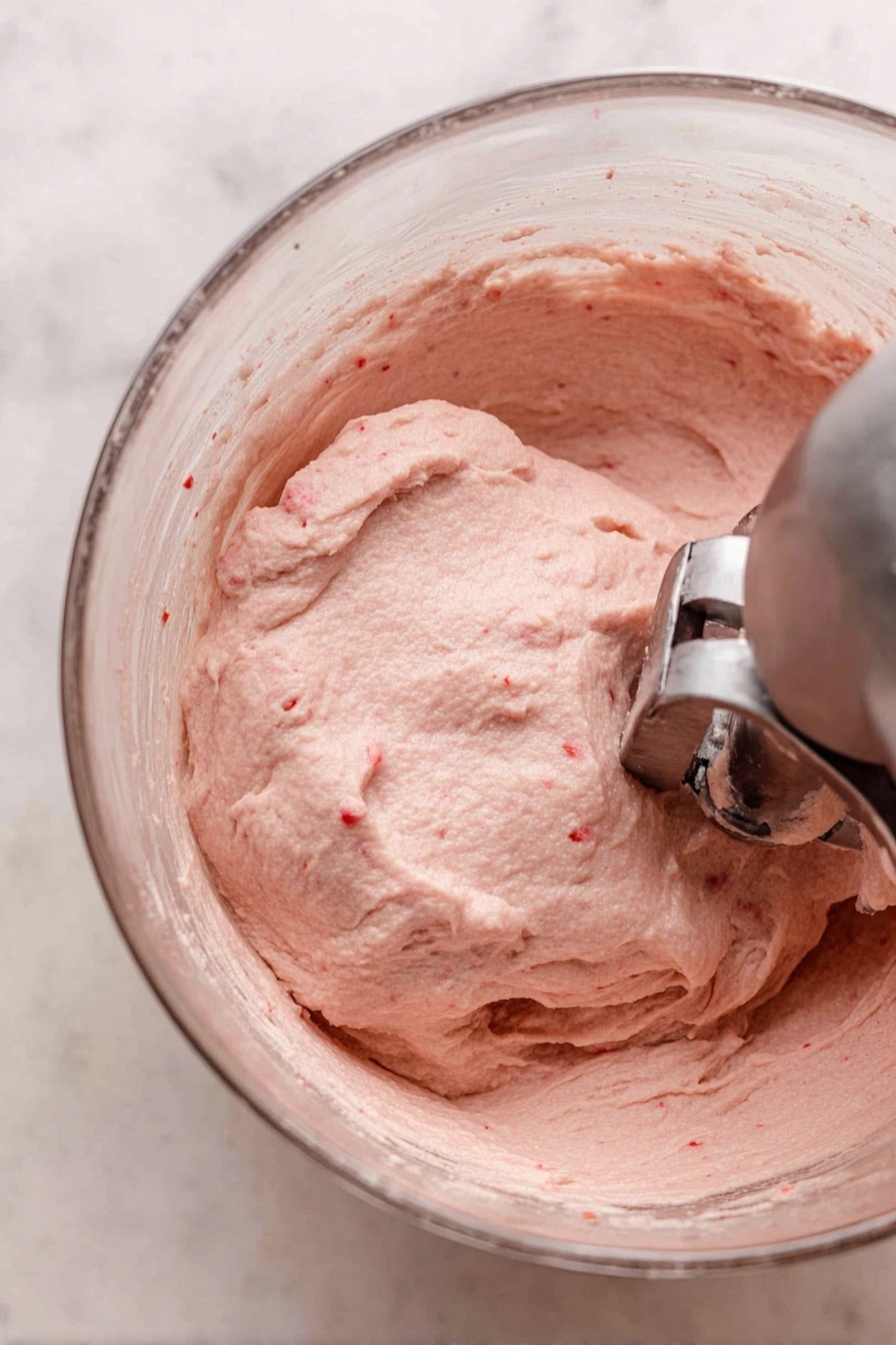 The image shows two doughnuts stacked on a white marbled surface, each covered with a smooth pink glaze that drips down the sides. The top doughnut has a large bite taken out, revealing a soft, airy inside with a light brown color. Small red crumbles are scattered on top of both doughnuts, adding texture and color contrast. In the background, a blurred glass container with milk can be seen against a dark backdrop. The overall look is warm and inviting, focusing on the doughnuts' textures and colors. photo taken with an iphone --ar 2:3 --v 7