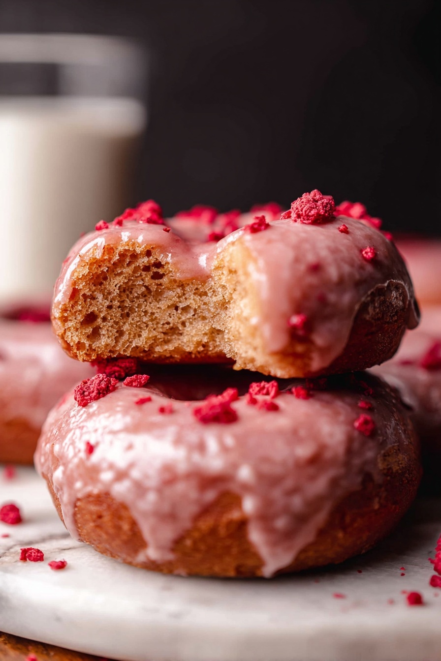 The image shows a close-up view of light pink dough inside a clear glass mixing bowl. The dough has a smooth, slightly sticky texture with a few small red specks scattered throughout. A metal dough hook is partially submerged in the dough, resting against the bowl's side. The bowl sits on a white marbled surface. photo taken with an iphone --ar 2:3 --v 7