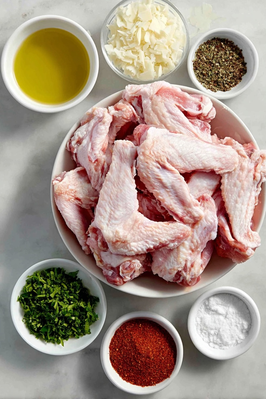 Flat lay of two pounds of fresh raw chicken wings, a small white bowl of golden olive oil, five whole garlic cloves, a small white bowl of finely chopped green parsley, a small white bowl of freshly grated Parmesan cheese, a small white bowl of garlic powder, a small white bowl of onion powder, a small white bowl of coarse salt, a small white bowl of black peppercorns, and a small white bowl of smoked paprika, all arranged with perfect symmetry on a clean white marble surface, soft natural light, photo taken with an iPhone, professional food photography style, fresh ingredients, white ceramic bowls, no bottles, no duplicates, no utensils, no packaging --ar 2:3 --v 7 --p m7354615311229779997