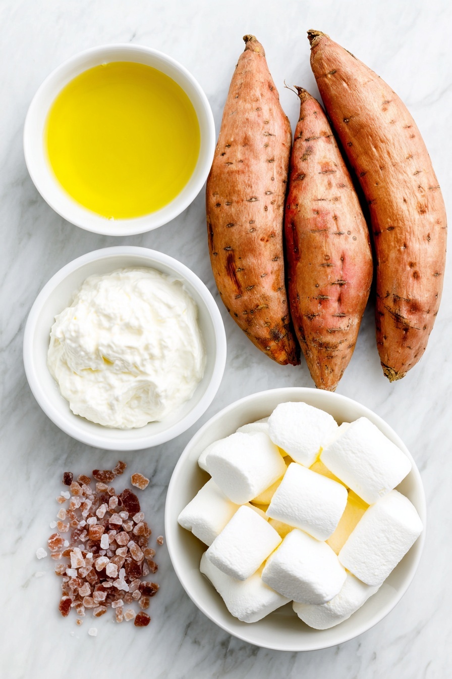 Flat lay of peeled sweet potatoes cut into sticks, a few whole brown sea salt crystals scattered beside them, a small white ceramic bowl filled with golden olive oil, a neat pile of fresh fluffy white marshmallows, and a small white ceramic bowl with thick heavy cream, all arranged symmetrically on a simple white ceramic plate and bowls, placed on a clean white marble surface, soft natural light, photo taken with an iPhone, professional food photography style, fresh ingredients, white ceramic bowls, no bottles, no duplicates, no utensils, no packaging --ar 2:3 --v 7 --p m7354615311229779997