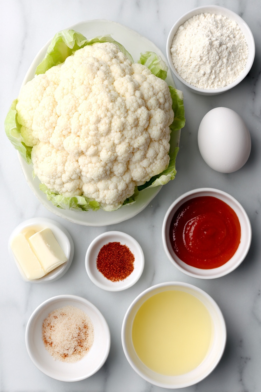 Flat lay of a fresh head of cauliflower broken into florets, a small white ceramic bowl filled with white all-purpose flour, a small white bowl containing bright red buffalo sauce, a small white bowl of melted golden butter, a whole clean white egg, a small white bowl with creamy buttermilk, and small piles of ground paprika, onion powder, garlic powder, and salt arranged symmetrically on a simple white ceramic plate, all placed on a clean white marble surface, soft natural light, photo taken with an iPhone, professional food photography style, fresh ingredients, white ceramic bowls, no bottles, no duplicates, no utensils, no packaging --ar 2:3 --v 7 --p m7354615311229779997