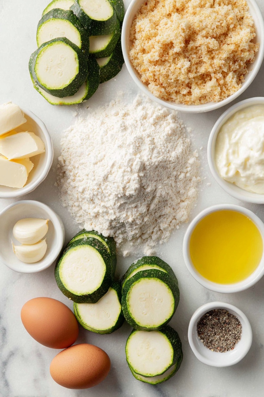 Flat lay of two medium fresh zucchinis sliced into thick rounds, a small mound of pale all-purpose flour sprinkled with black pepper and sea salt on top, two whole uncracked brown eggs, a heaping pile of golden panko bread crumbs, a small white bowl filled with extra light olive oil, a small white bowl with creamy mayonnaise, a single peeled garlic clove, a small white bowl containing bright yellow lemon juice, a small white bowl of fine sea salt, and a small white bowl of freshly ground black pepper all arranged in perfect symmetry on a clean white marble surface, soft natural light, photo taken with an iPhone, professional food photography style, fresh ingredients, white ceramic bowls, no bottles, no duplicates, no utensils, no packaging --ar 2:3 --v 7 --p m7354615311229779997