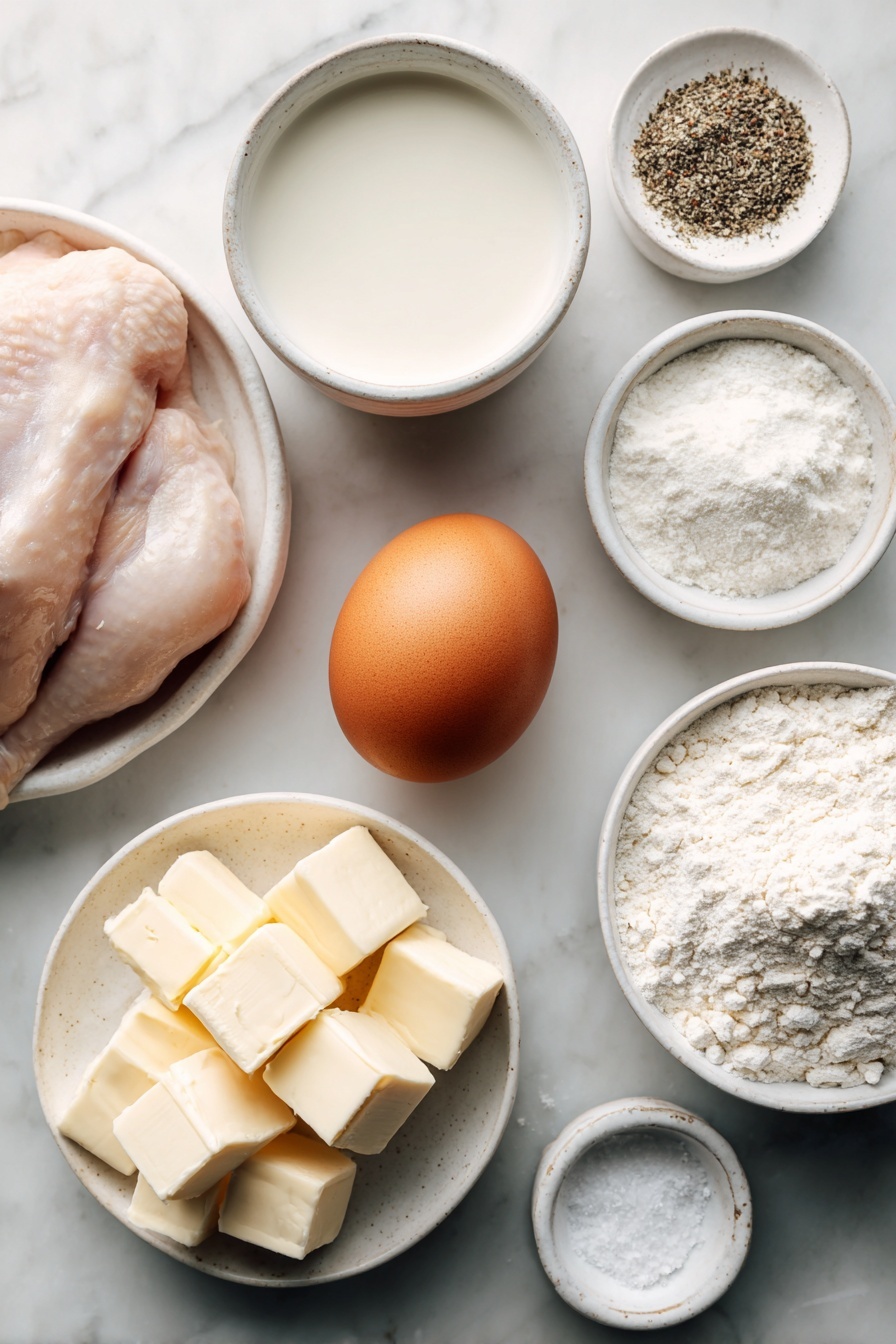 Flat lay of a small white ceramic bowl of whole milk, one large whole uncracked brown egg, a small white ceramic bowl of all-purpose flour, a small white ceramic bowl of seasoned salt, a small white ceramic bowl of ground black pepper, a raw pound of cube steaks, a small white ceramic bowl of unsalted butter cubes, placed on a clean white marble surface, soft natural light, photo taken with an iPhone, professional food photography style, fresh ingredients, white ceramic bowls, no bottles, no duplicates, no utensils, no packaging --ar 2:3 --v 7 --p m7354615311229779997