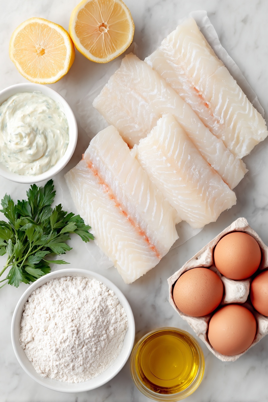 Flat lay of fresh white fish fillets cut into batons, a small pile of plain/all purpose flour, a small pile of rice flour, a small mound of baking powder powder, a small pinch of salt on the side, a small white ceramic bowl filled with very cold pale lager beer, whole brown eggs with clean shells, a few lemon wedges, a small white ceramic bowl of creamy tartare sauce, fresh flat-leaf parsley sprigs, and a small white ceramic bowl of golden peanut oil all arranged in perfect symmetry, placed on a clean white marble surface, soft natural light, photo taken with an iPhone, professional food photography style, fresh ingredients, white ceramic bowls, no bottles, no duplicates, no utensils, no packaging --ar 2:3 --v 7 --p m7354615311229779997