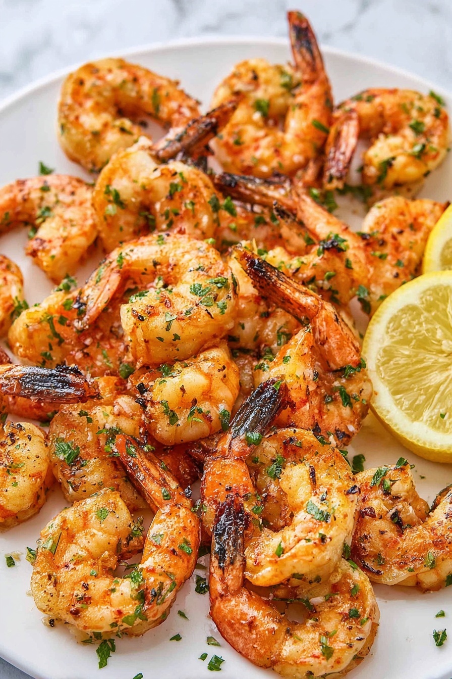 A white plate filled with many cooked shrimp, each shrimp showing a curved shape with orange-pink shells and charred black tips on their tails. The shrimp have a slightly shiny and grilled texture with small green chopped herbs scattered evenly on top. On the right side of the plate, there is a half lemon with a bright yellow color and visible juicy segments. The background is a white marbled texture. photo taken with an iphone --ar 2:3 --v 7