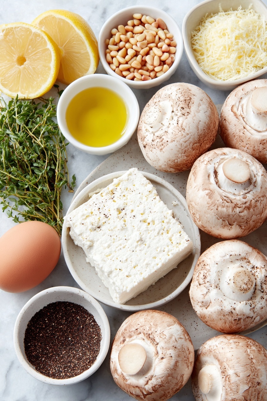 Flat lay of a group of fresh white button mushrooms with their stems removed, a small heap of soft creamy goat cheese, a small pile of golden toasted pine nuts, a few sprigs of mixed fresh green herbs, a small white ceramic bowl with bright yellow lemon zest, a whole fresh lemon cut in half showing its juicy interior, a small white ceramic bowl filled with clear white cooking wine, a small white ceramic bowl containing golden olive oil, a small white ceramic bowl of fine pale panko breadcrumbs, a small diced pile of pale pink shallot, a whole clean uncracked brown egg, a small white ceramic bowl of dark Worcestershire sauce, and scattered ground black pepper and pale garlic powder on a simple white ceramic plate, all arranged symmetrically with realistic proportions, placed on a clean white marble surface, soft natural light, photo taken with an iPhone, professional food photography style, fresh ingredients, white ceramic bowls, no bottles, no duplicates, no utensils, no packaging --ar 2:3 --v 7 --p m7354615311229779997